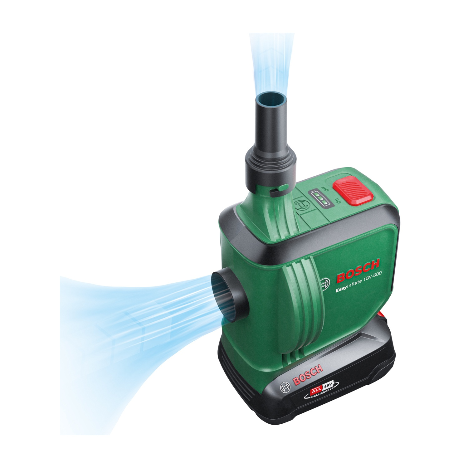 Un gonfiatore Bosch EasyInflate 18V-500 verde e nero. Ha un pulsante rosso di accensione/spegnimento e flussi d'aria blu da due ugelli.