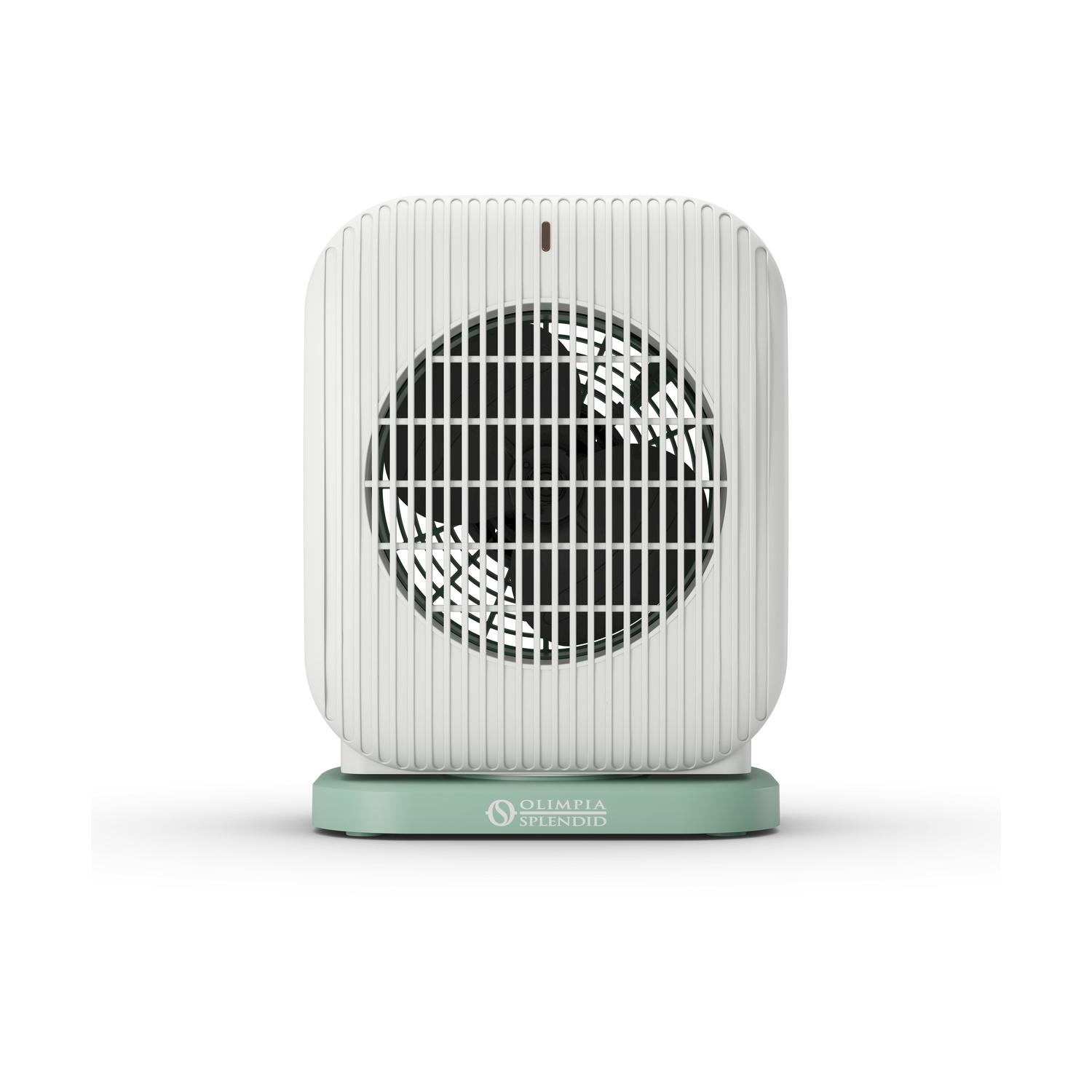 Un ventilatore Olimpia Splendid bianco e verde. Ha una forma rettangolare arrotondata con linee verticali e un ventilatore circolare. La base è verde.