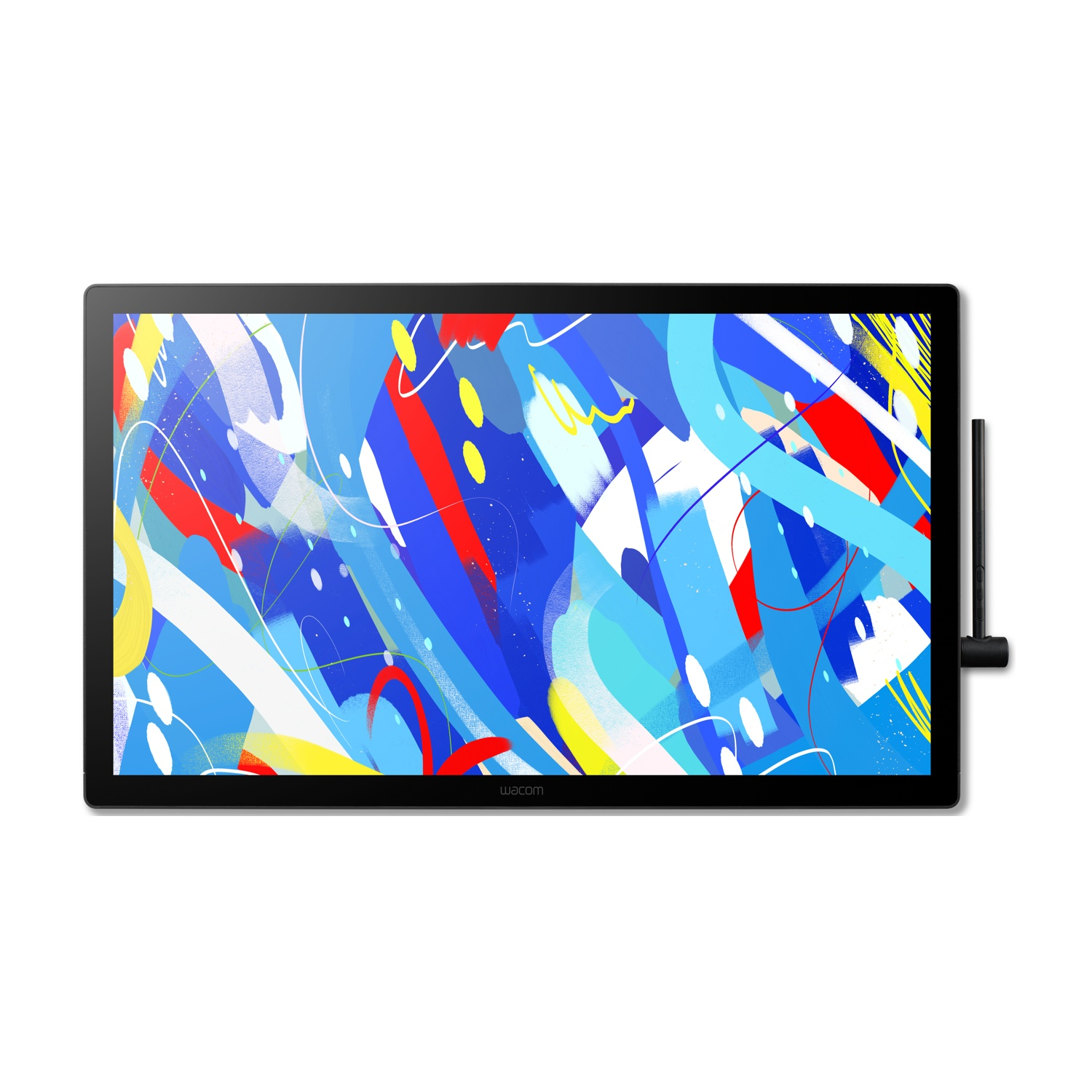 Un display con penna Wacom con una vivace opera d'arte astratta in blu, rosso, giallo e bianco. La penna è a destra.