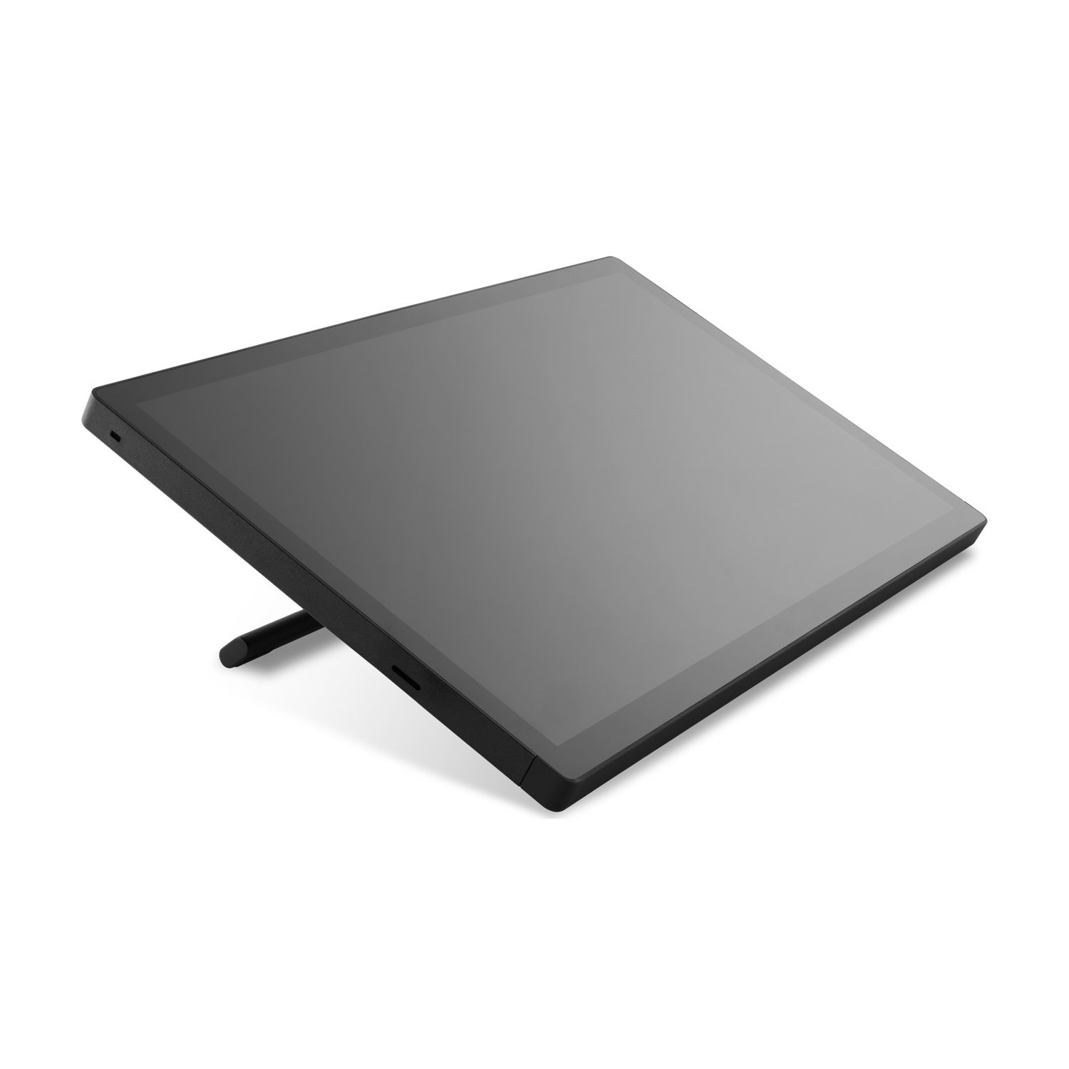 Un tablet nero con stilo è inclinato su una superficie bianca. Lo schermo è scuro, la cornice è nera. Anche il supporto è nero.