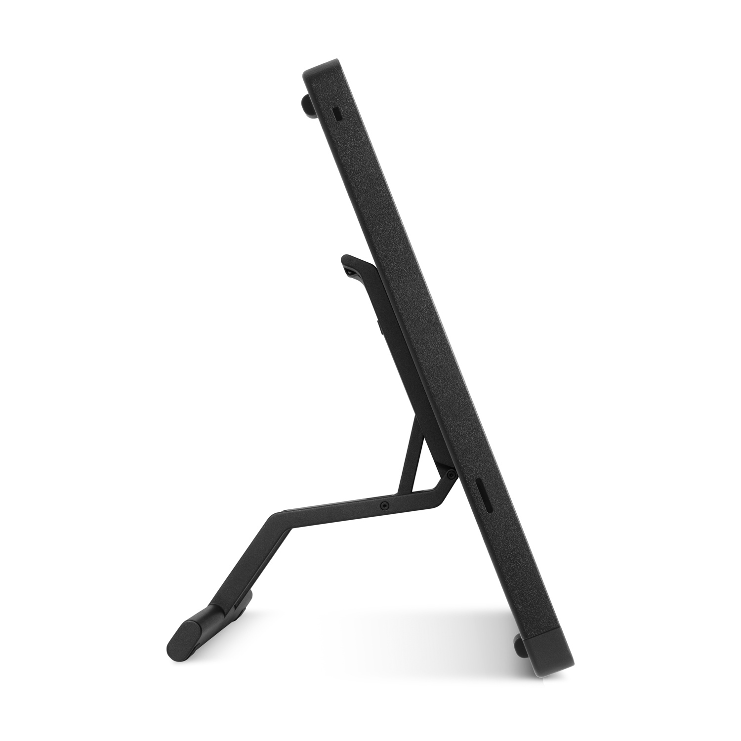 Un tablet nero con un supporto. Il tablet è angolato, mostrando il suo profilo laterale su sfondo bianco.