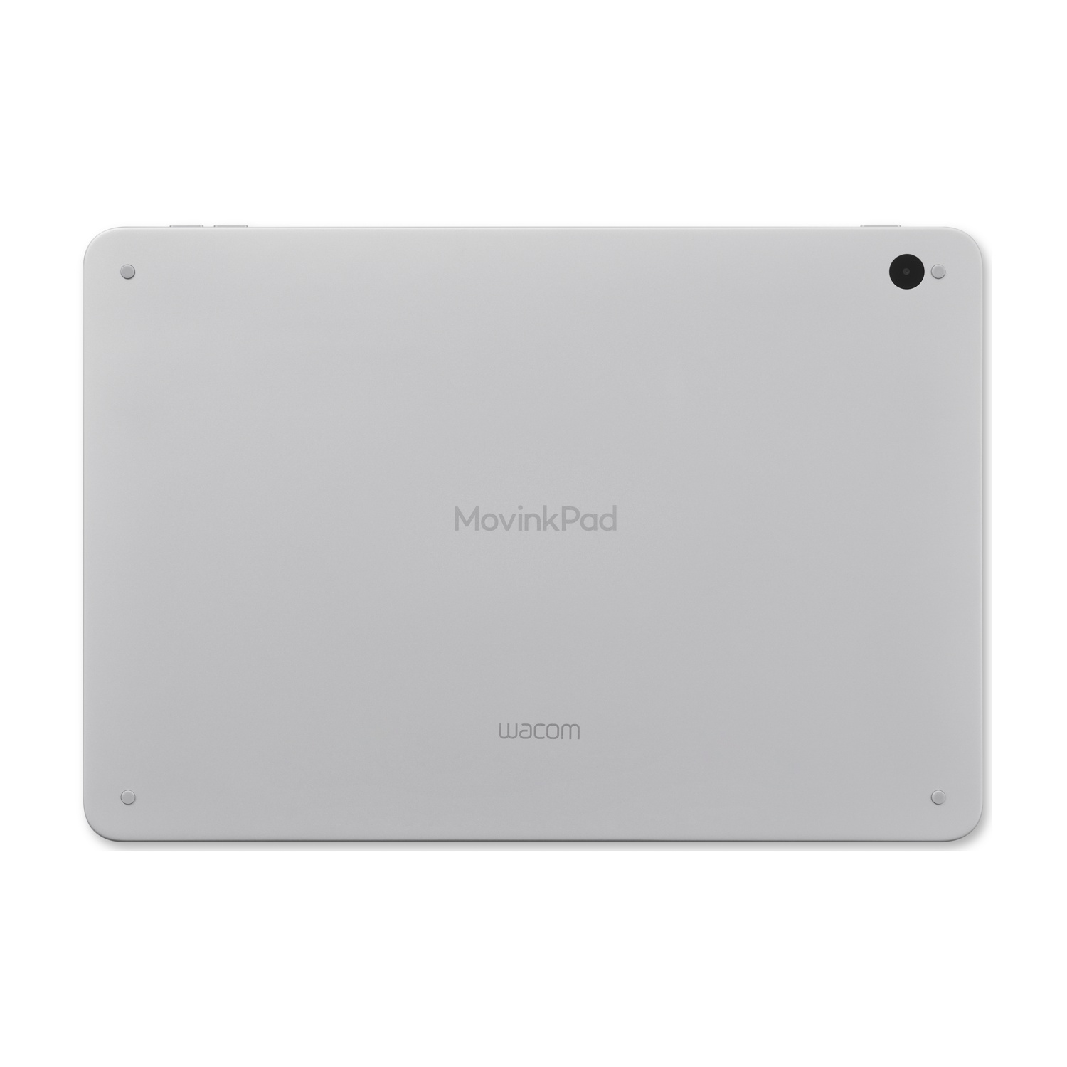 Vista posteriore di un tablet MovinkPad argentato. Include i loghi MovinkPad e Wacom. Ha una fotocamera e pulsanti di accensione.