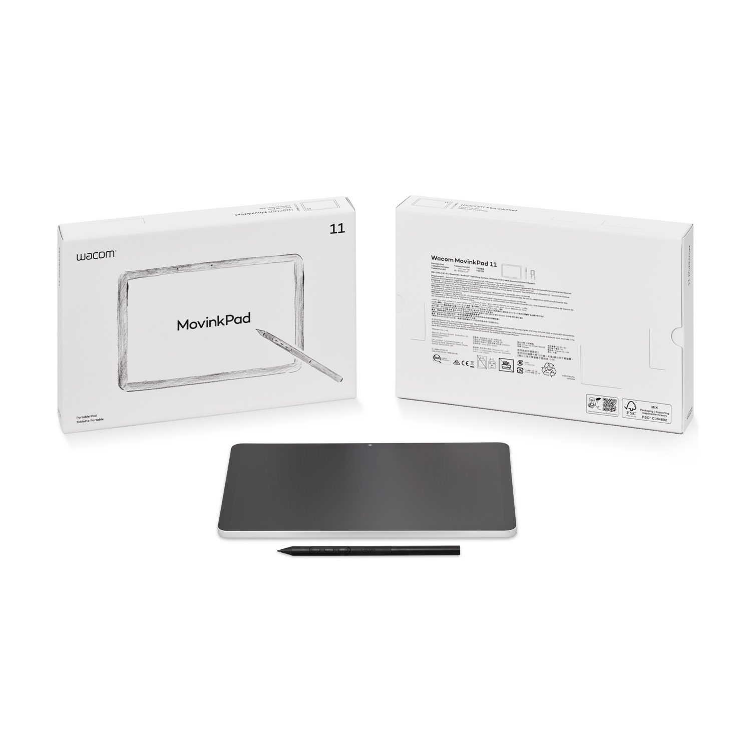 Un Wacom MovinkPad 11, un tablet, è mostrato con la sua scatola e stilo. La scatola mostra il design del tablet. Lo sfondo è bianco.