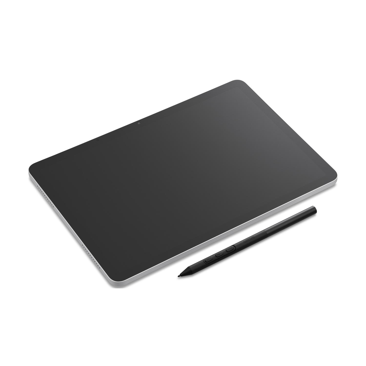 Un tablet con schermo nero e pennino nero su superficie bianca. Il tablet è angolato e la penna è accanto.