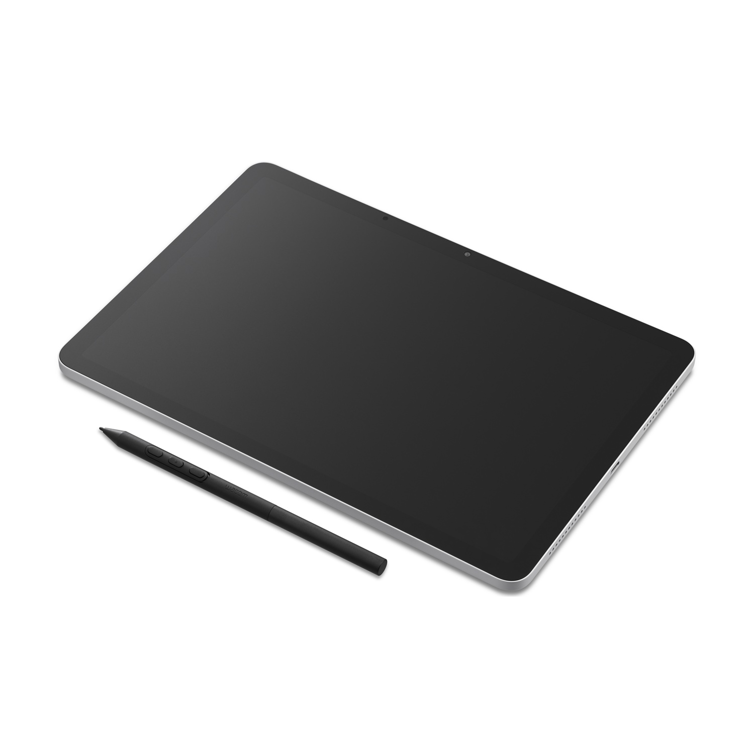 Un tablet e una penna sono su una superficie bianca. Il tablet è nero con bordo argentato. La penna è nera e appoggiata vicino al tablet.