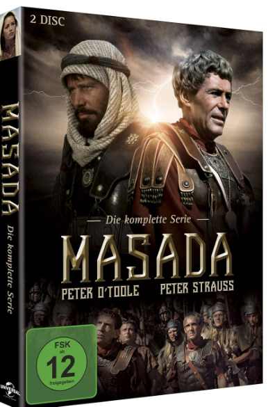 DVD-Cover der Serie Masada. Mit Peter O'Toole und Peter Strauss. Ein Mann mit Kopftuch und ein Mann in Rüstung sind auf dem Cover.