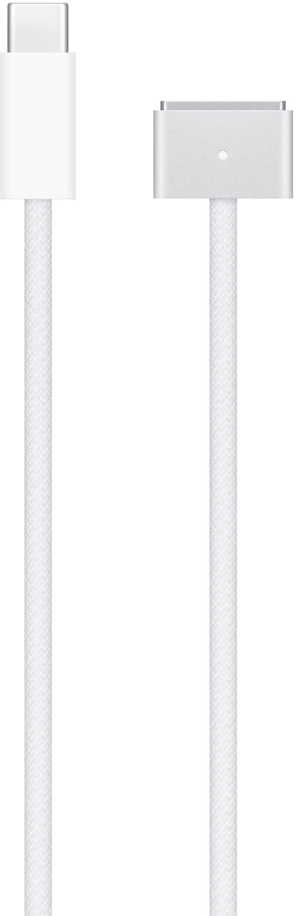Két fehér töltőkábel különböző csatlakozókkal fehér háttér előtt. Az egyik USB-C, a másik mágneses.