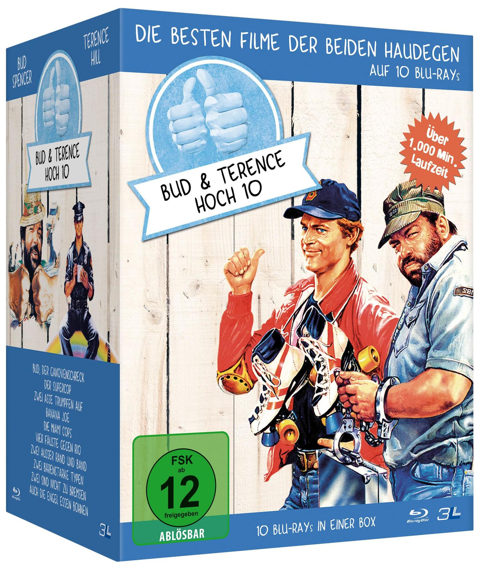 Filmbox-Set mit Bud Spencer und Terence Hill. Enthält das Duo mit Daumen hoch. Enthält Blu-rays und eine FSK 12-Freigabe.