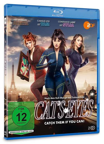 Blu-ray-Cover von 'Cat's Eyes' mit drei Frauen, Eiffelturm und Titel. Grüner Kreis mit Alter 12. Blaue Hülle.