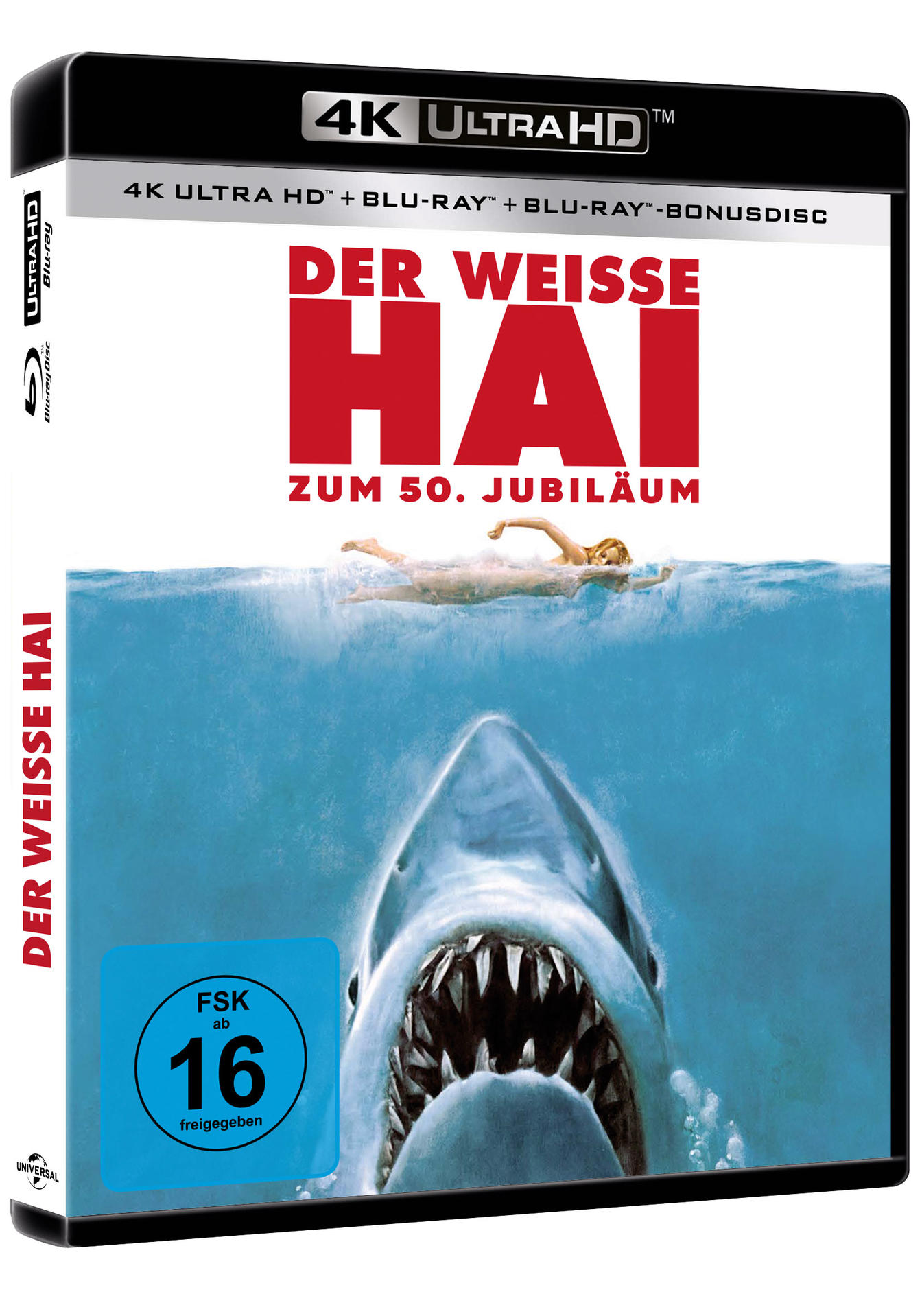 Ein Hai schwimmt auf eine Person im Wasser zu. "Der Weiße Hai" 4K UHD Cover.