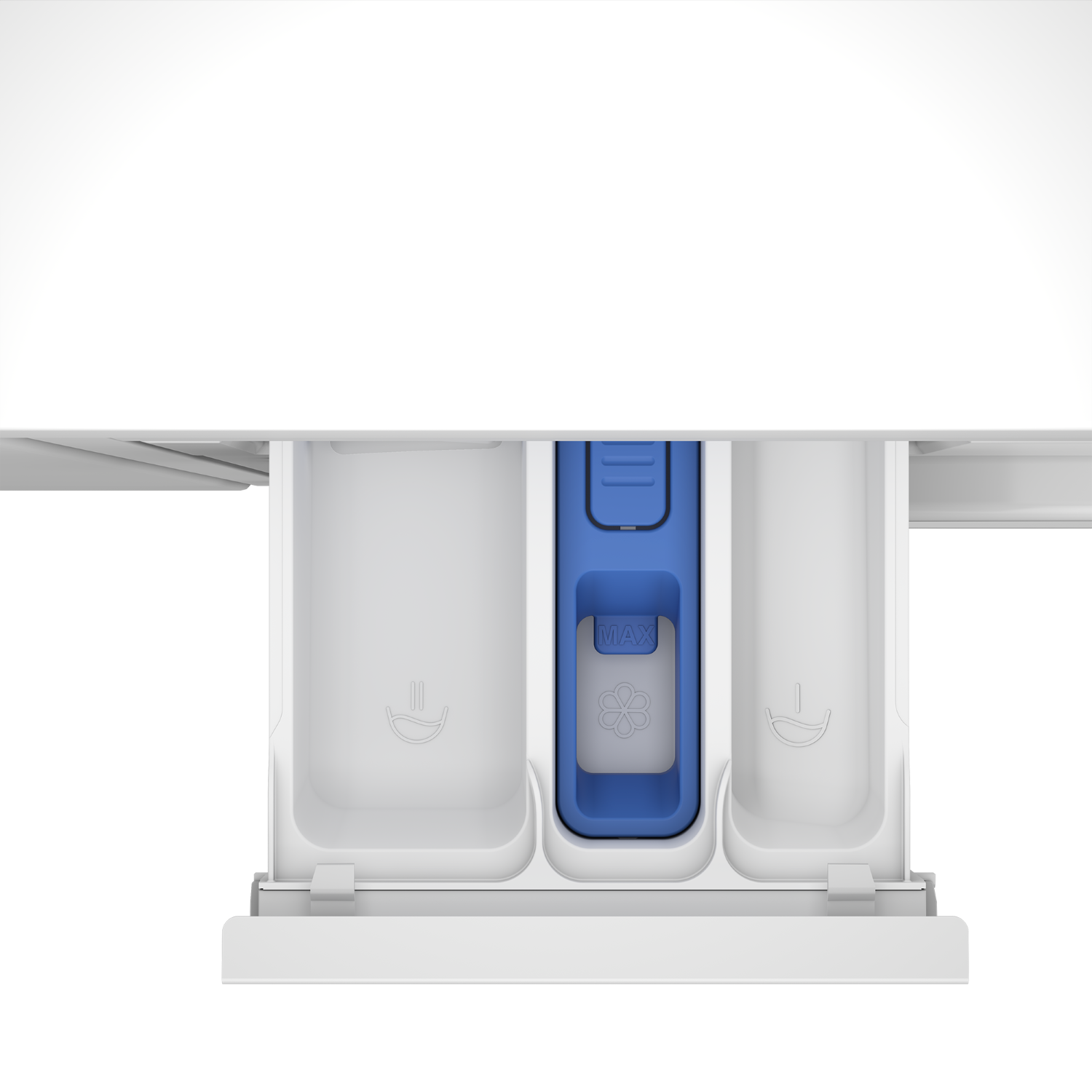 Primer plano de un dispensador de detergente blanco para lavadora con compartimentos azules y blancos. La sección central es azul y dice 'MAX'.