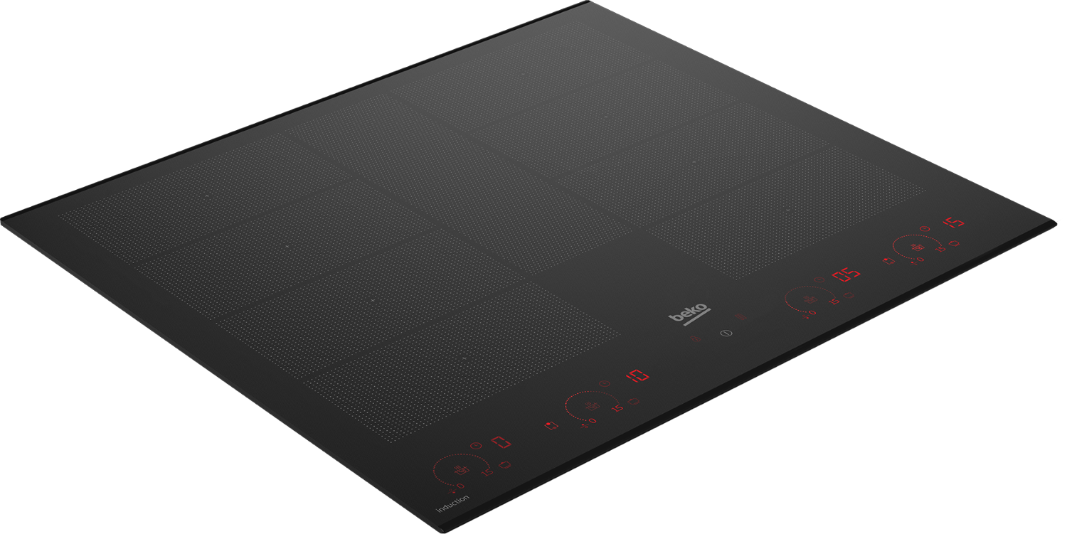 Placa de inducción negra con pantallas digitales rojas. Logotipo de la marca Beko visible.