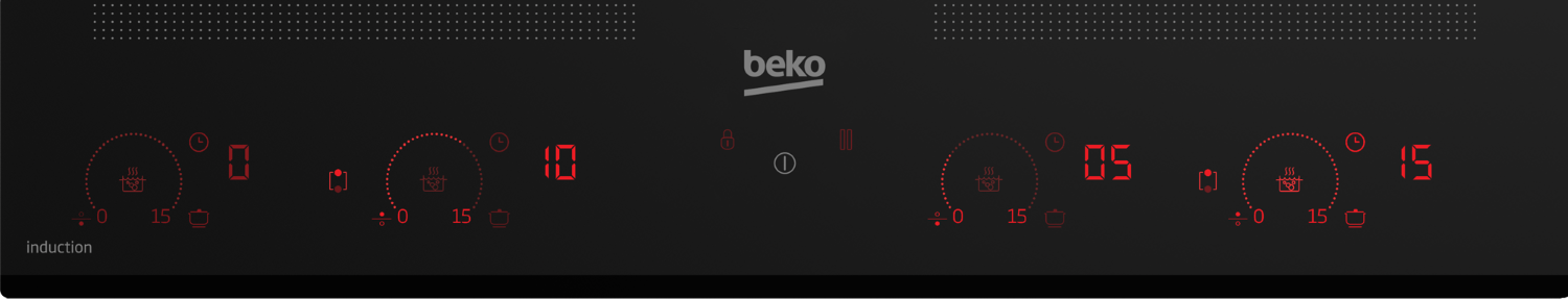 Placa de inducción negra con pantallas digitales rojas. Se ven los números 0, 10, 05 y 15. El logotipo de Beko está en el centro.