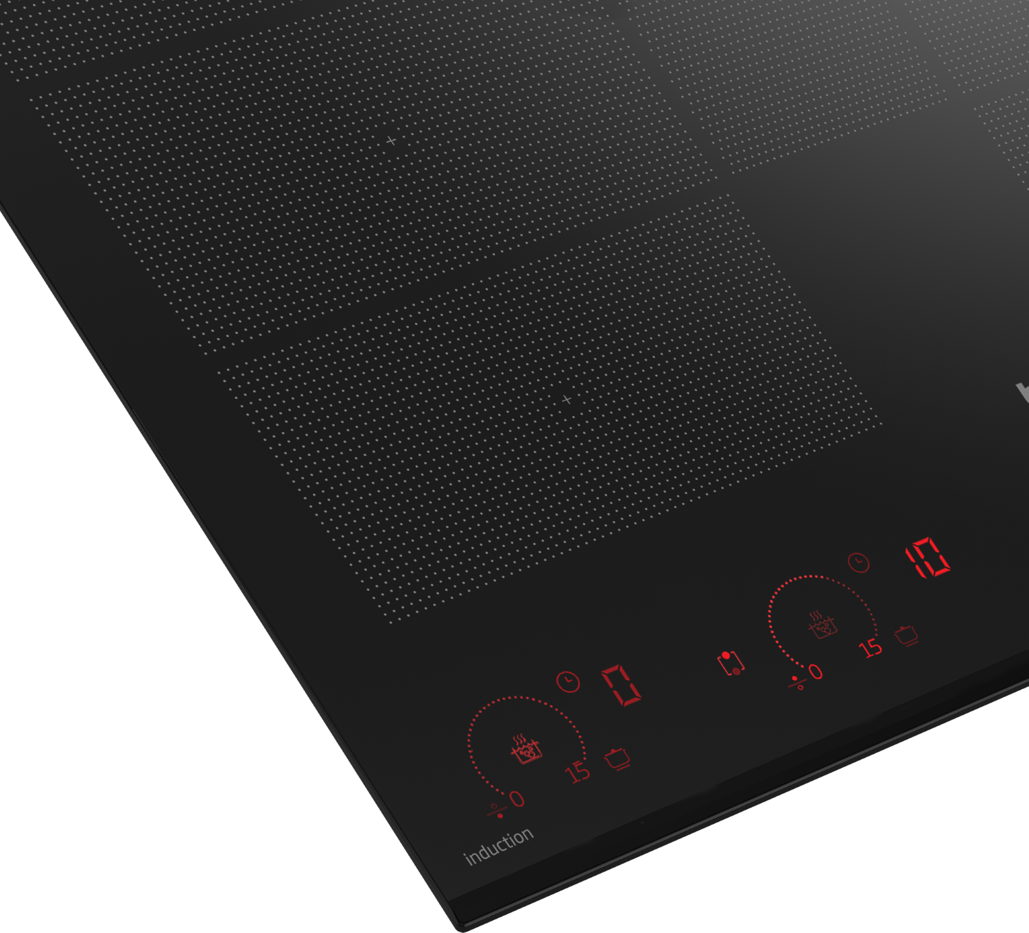 Una placa de inducción negra con pantallas digitales rojas y controles táctiles. La superficie tiene patrones de puntos.