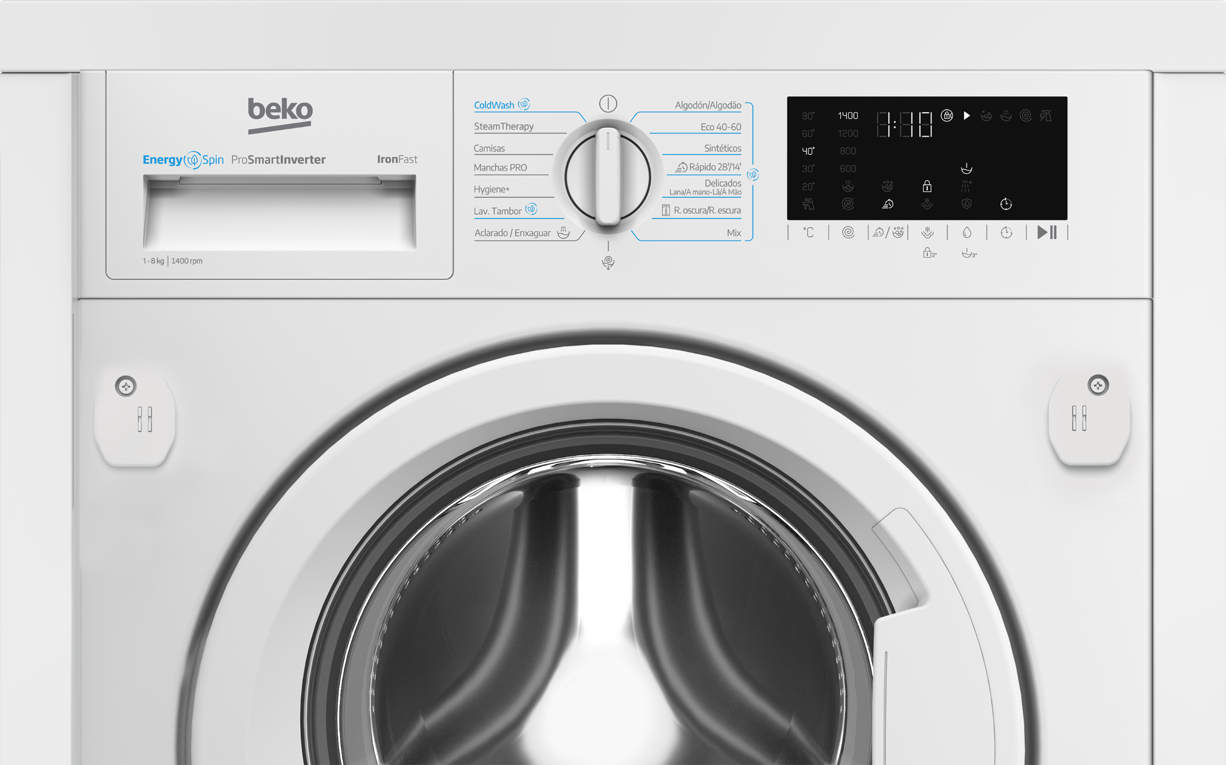 Lavadora Beko blanca. Controles arriba, puerta abajo. Pantalla muestra tiempo y ajustes de lavado.