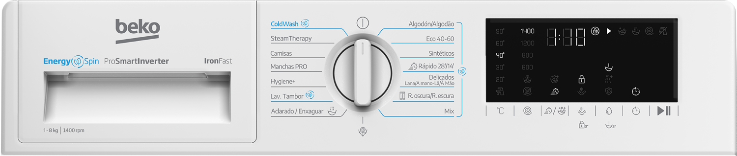 Panel de control de lavadora blanco con mando, pantalla y opciones como ColdWash y SteamTherapy.