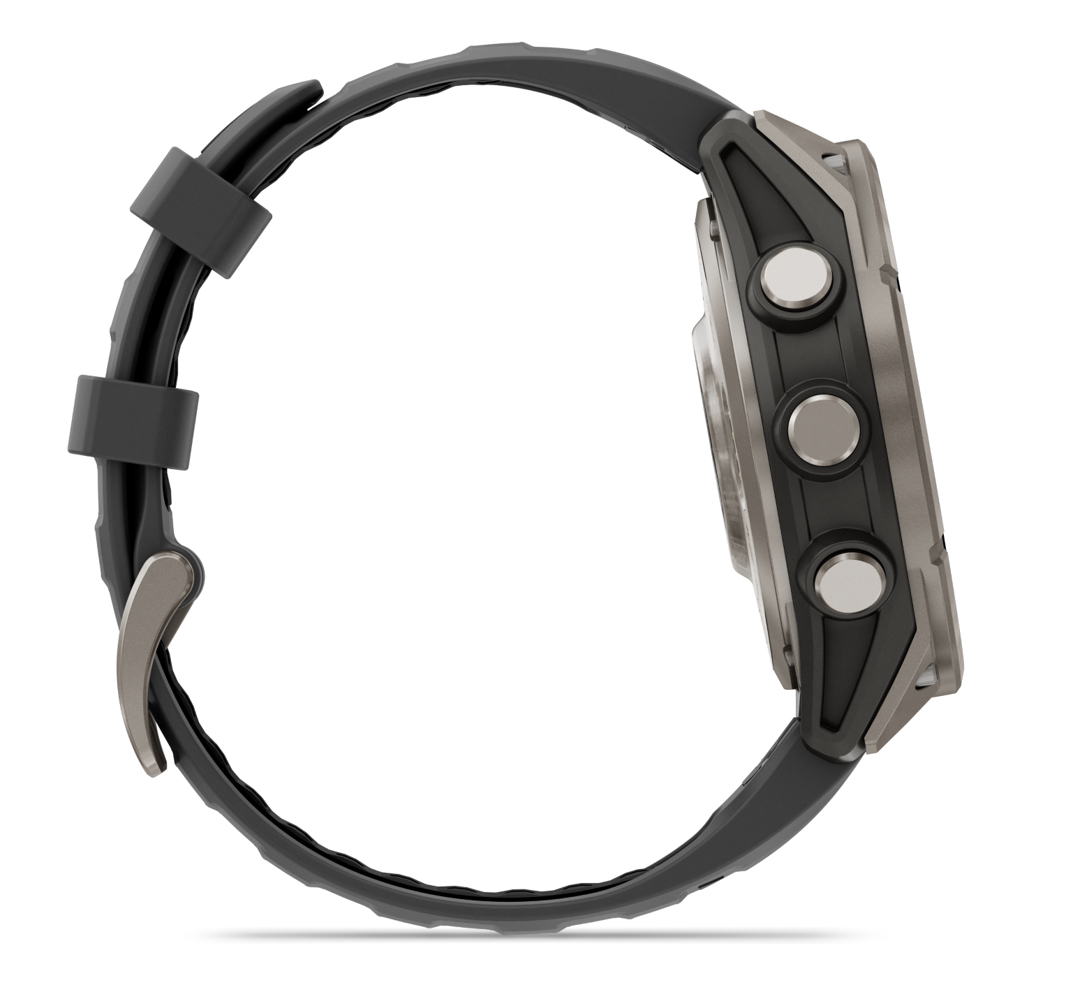 Widok z boku czarnego smartwatcha ze srebrnymi przyciskami i szarą ramką. Pasek jest czarny, a tło czarne.