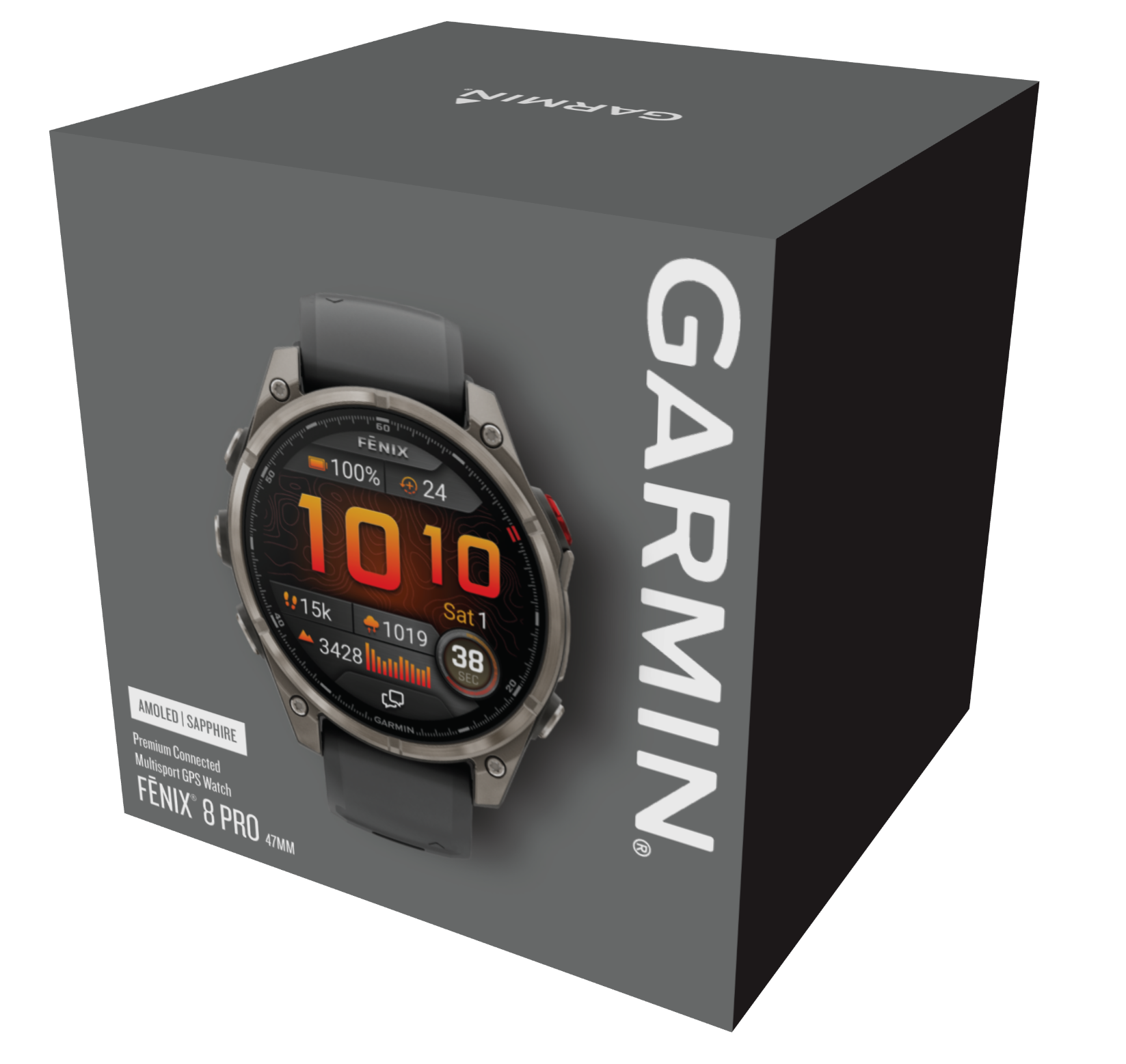 Zegarek Garmin Fenix 8 Pro na pudełku. Tarcza zegarka wyświetla dane. Pudełko ma logo Garmin.