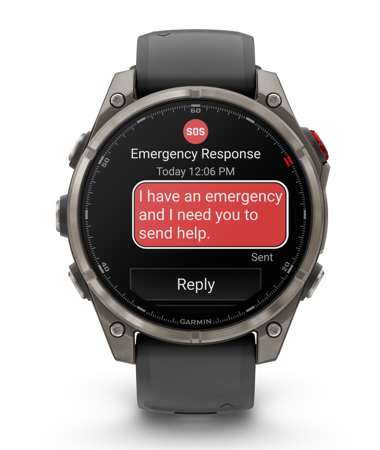 Smartwatch wyświetla komunikat alarmowy: „Mam nagły wypadek i potrzebuję pomocy” z przyciskiem odpowiedzi.