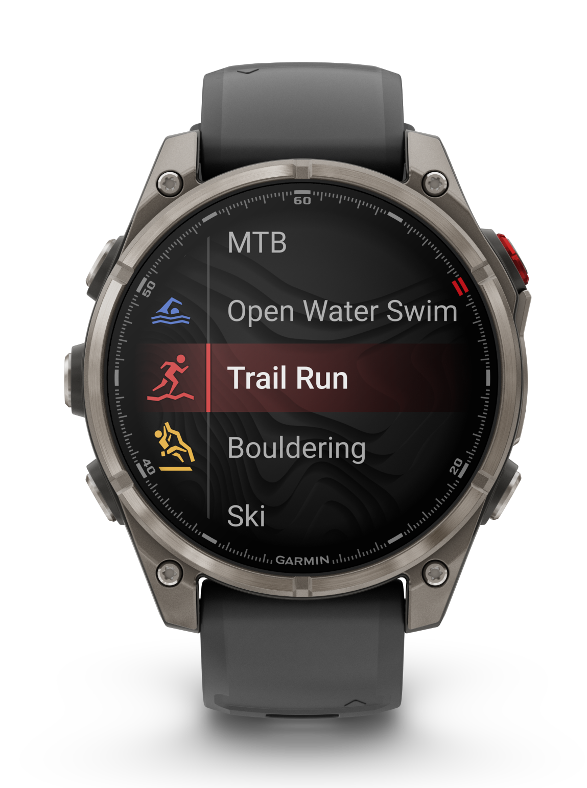 Smartwatch Garmin wyświetla opcje aktywności: MTB, Pływanie na otwartym akwenie, Trail Run (podświetlony), Bouldering i Narciarstwo, na czarnym tle.