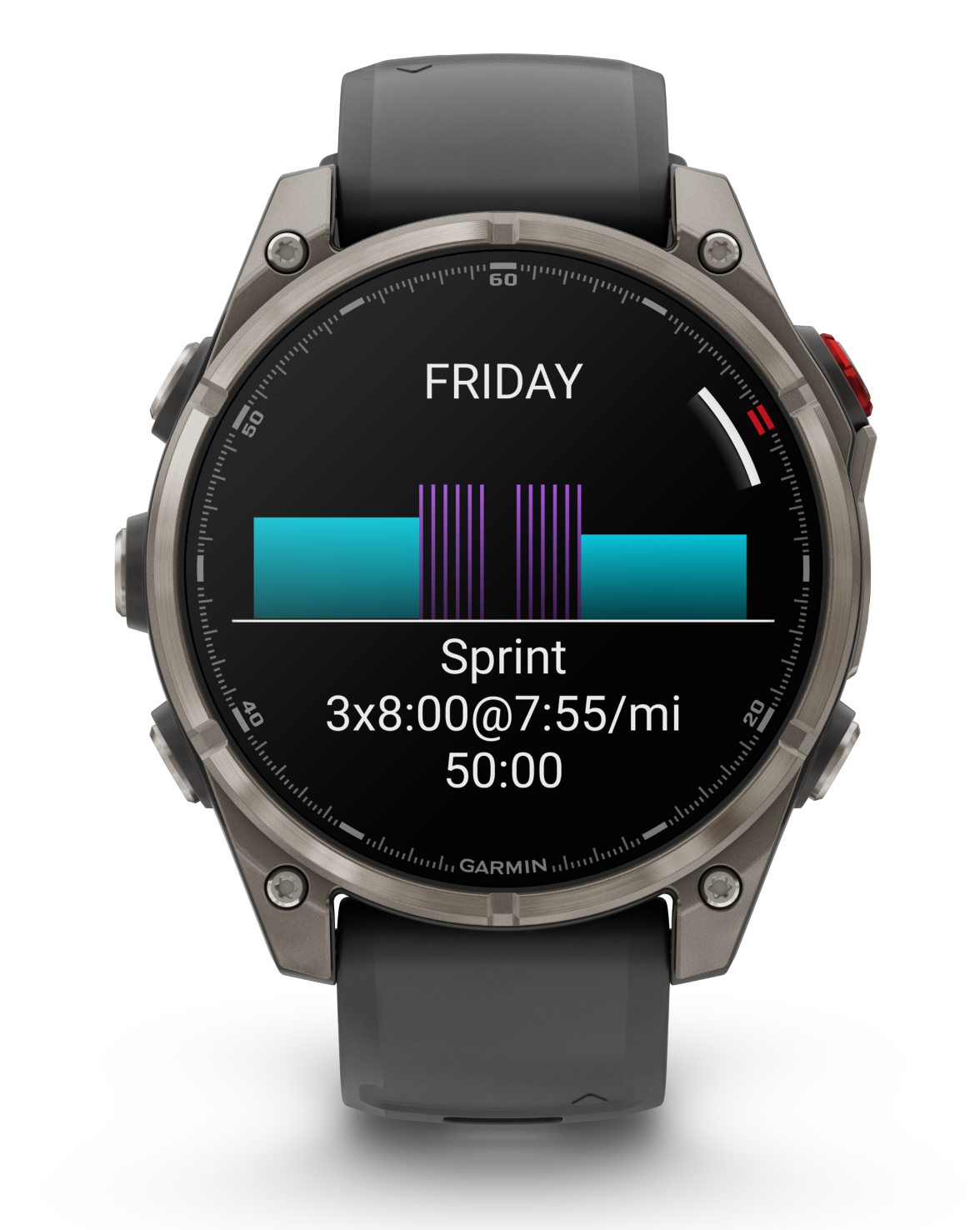 Zegarek Garmin wyświetla trening sprintu. Ekran pokazuje 'Piątek', pasek postępu i szczegóły treningu: 3x8:00@7:55/mi, 50:00.