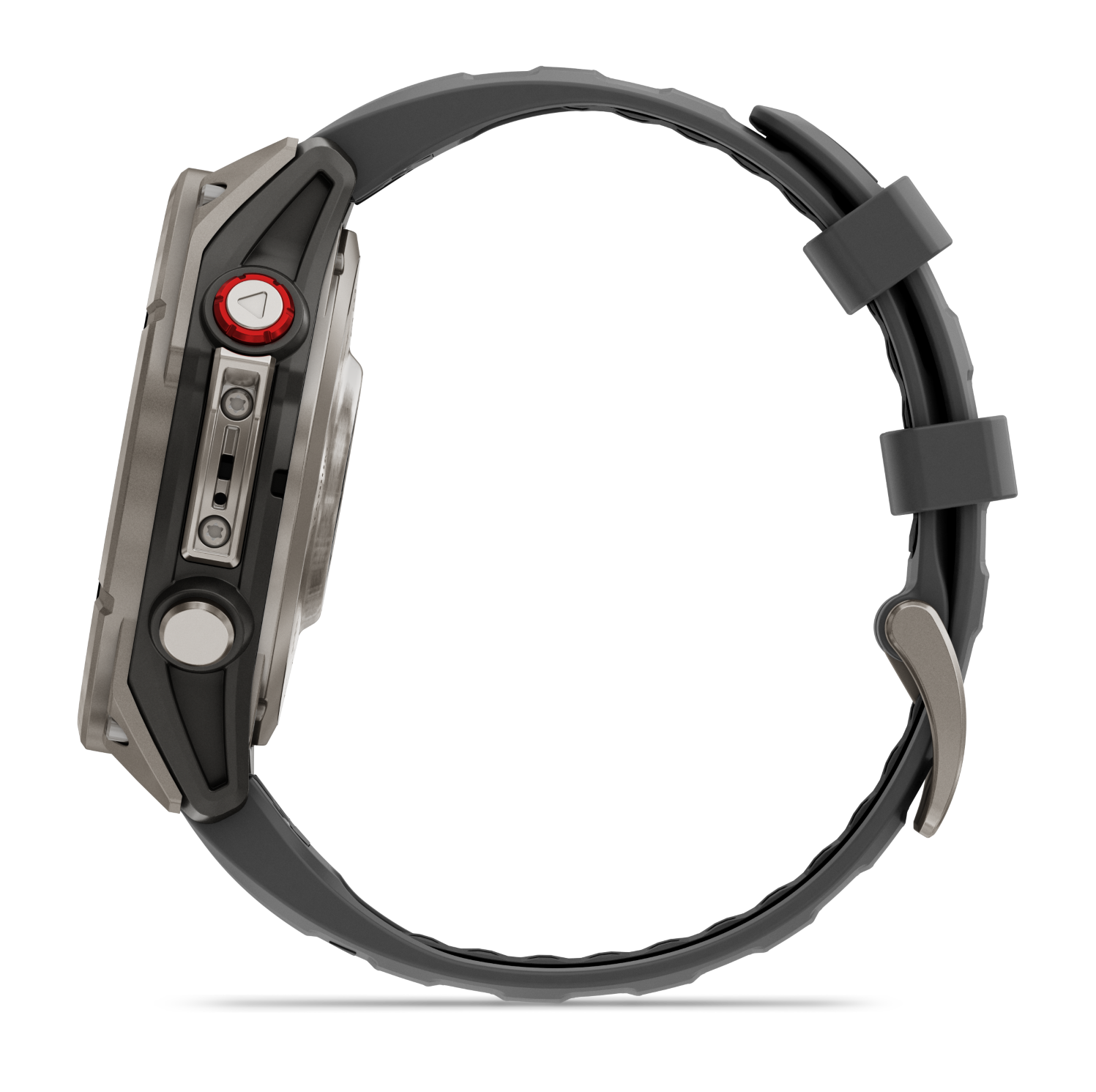 Widok z boku szarego smartwatcha z czarnym paskiem. Ma czerwony przycisk i metalową klamrę. Tło jest czarne.