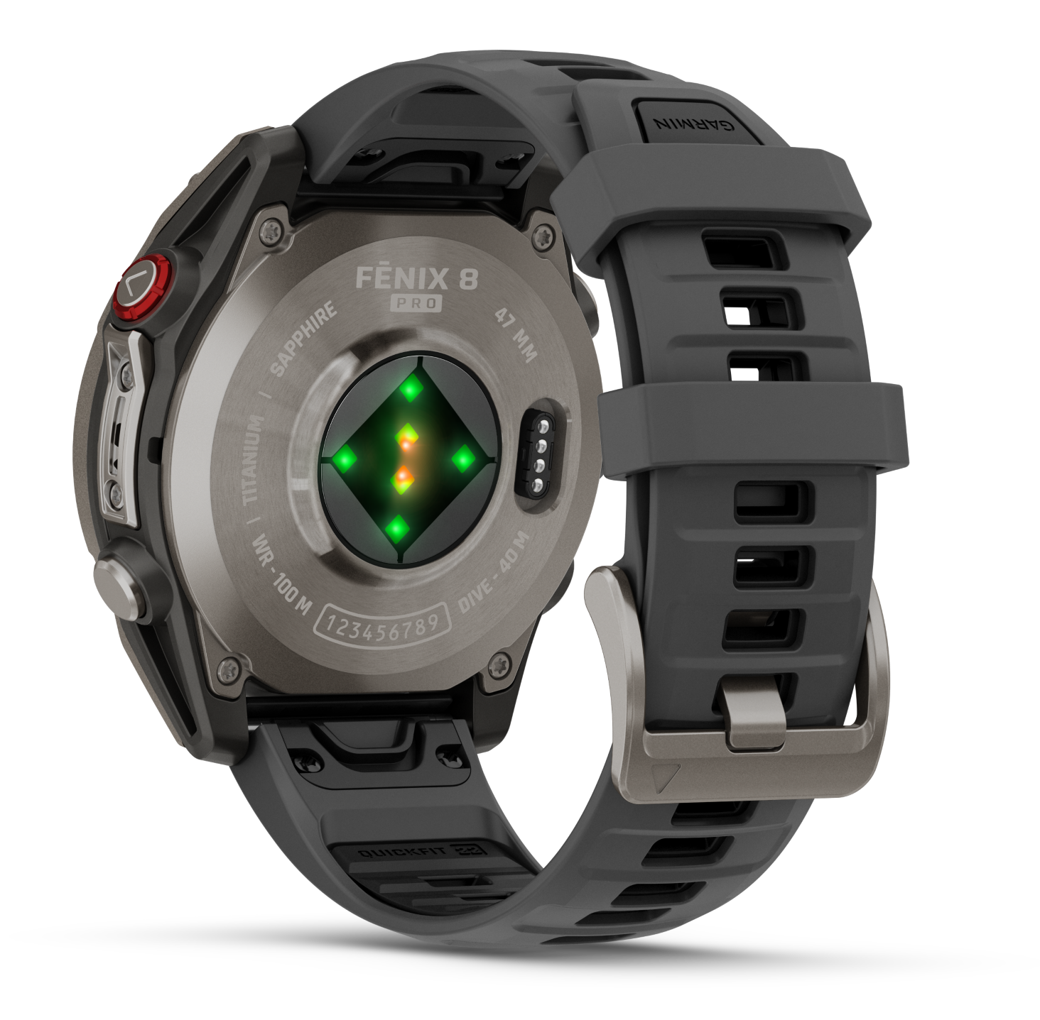 Szary smartwatch Garmin Fenix 8 Pro, pokazujący tył z czujnikami, paskiem i klamrą. Zegarek na czarnym tle.