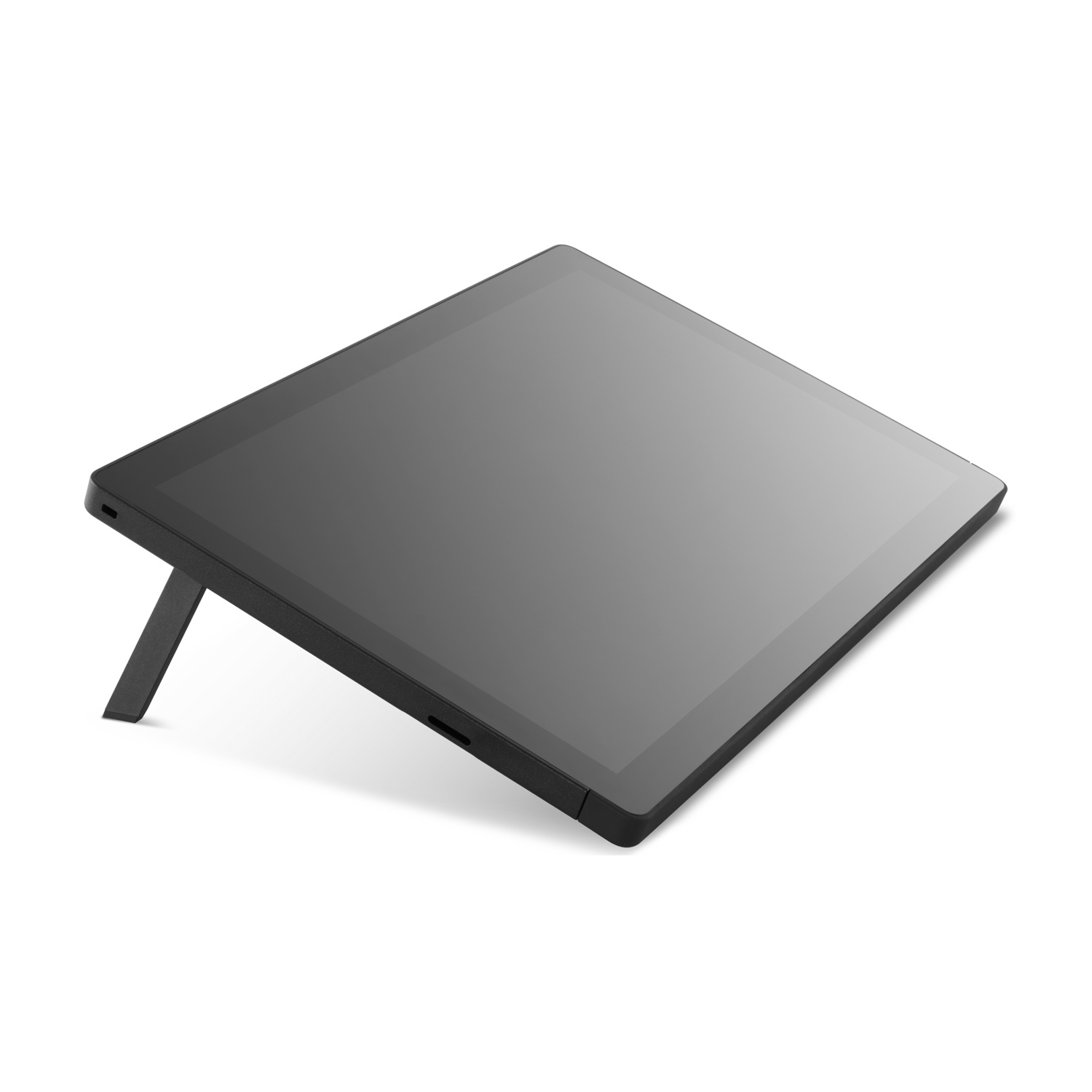 Un tablet nero è appoggiato a un supporto. Lo schermo è rivolto verso l'alto e lo sfondo è bianco.