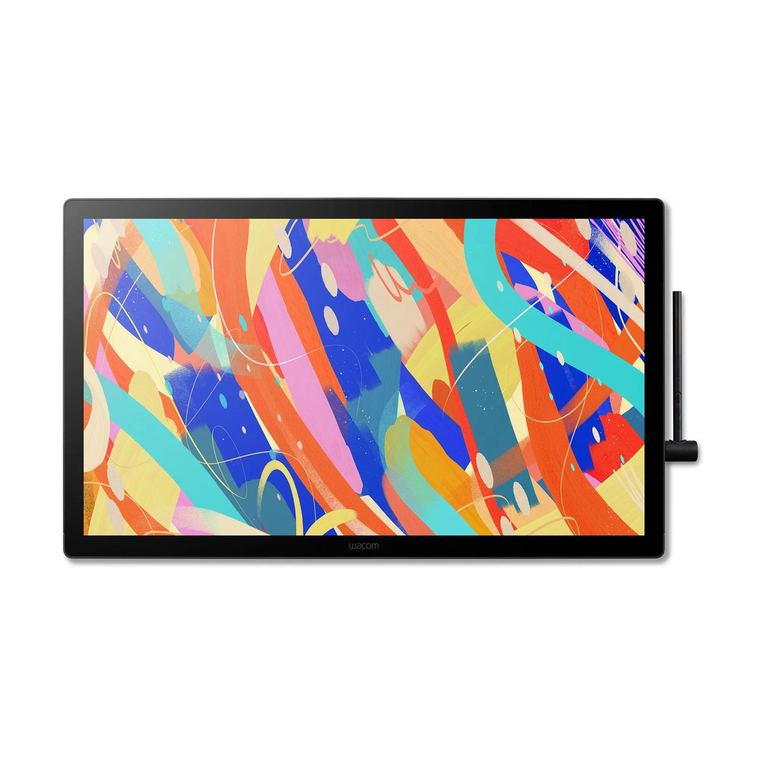 Un tablet Wacom mostra arte astratta colorata. Ha una cornice nera e una penna laterale. Lo sfondo è bianco.