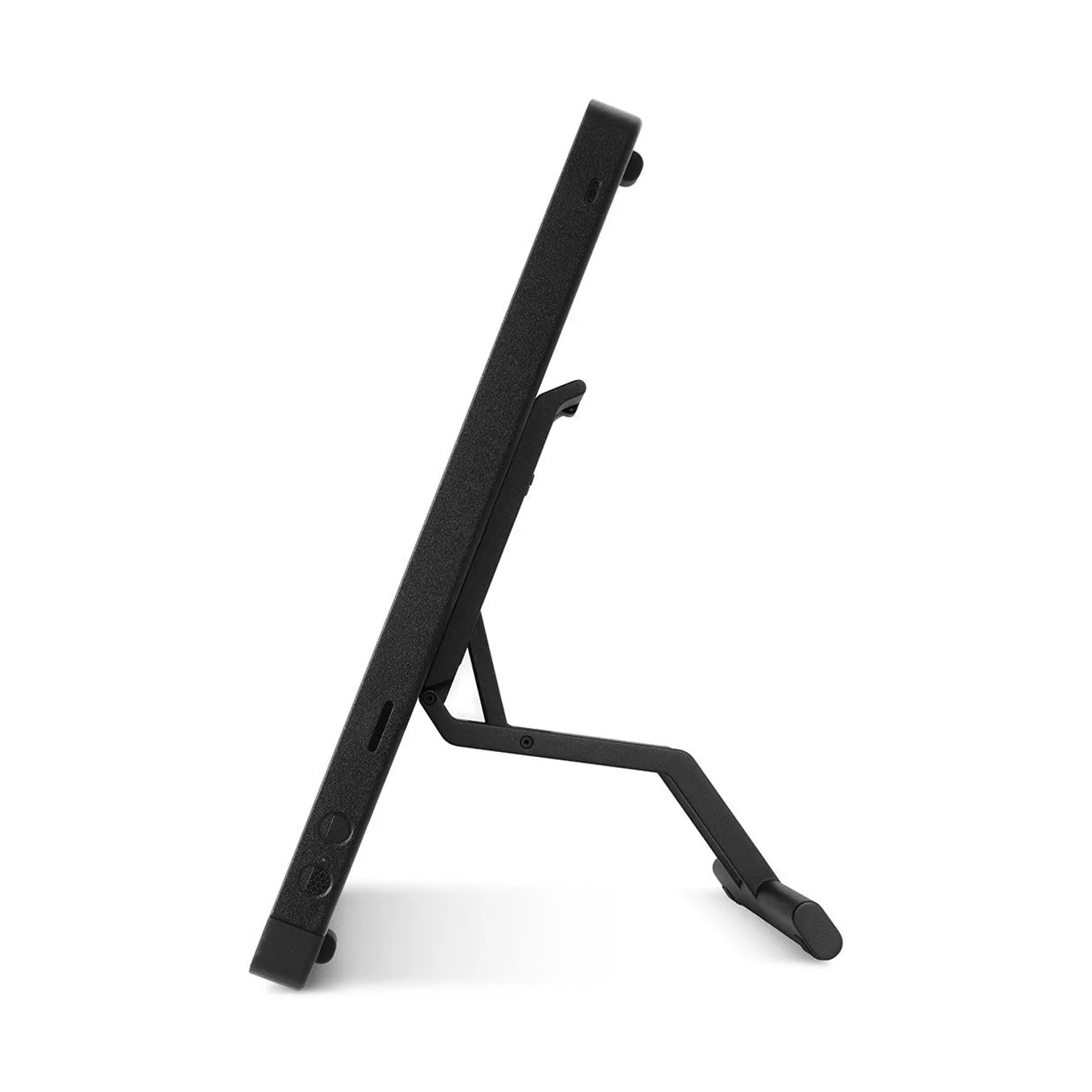 Un supporto nero per tablet è angolato verso destra. Il supporto è minimalista con base rettangolare e gamba di supporto.