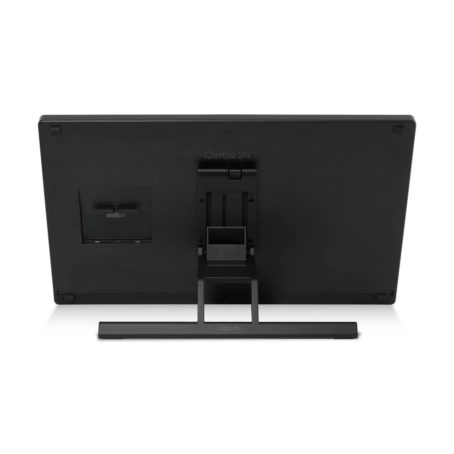 Tavoletta grafica Cintiq 24 nera, vista posteriore. Ha un supporto e il logo Wacom. Lo schermo è nero.