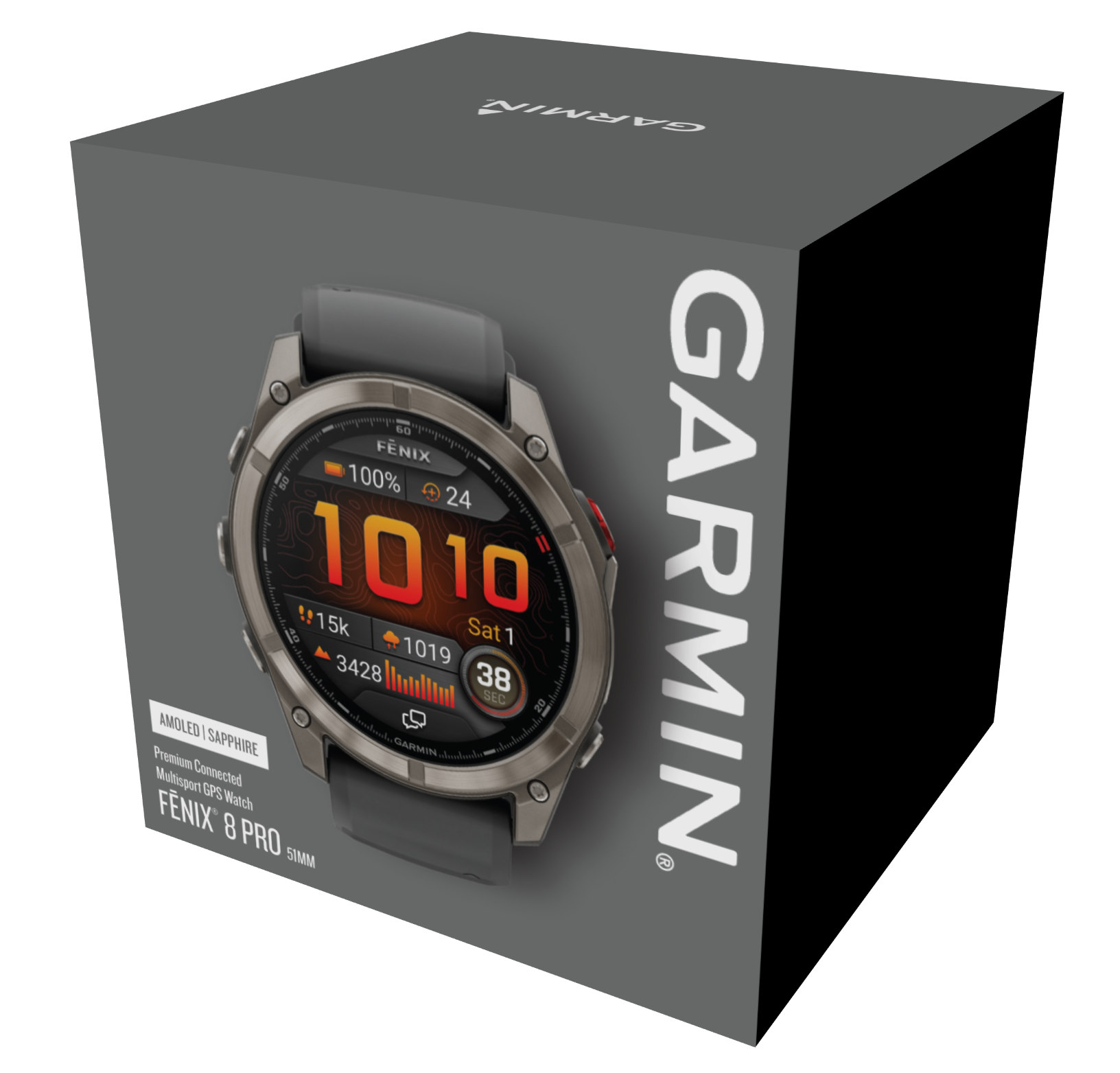 Zegarek Garmin Fenix 8 Pro jest wyświetlany na szarym pudełku. Tarcza zegarka pokazuje dane, a logo Garmin jest z boku.