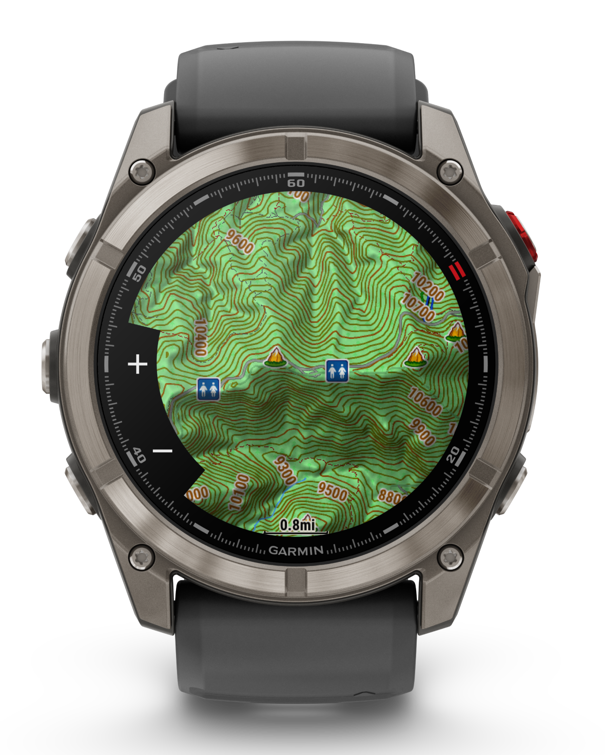 Zegarek Garmin wyświetla zieloną mapę topograficzną z warstwicami. Zegarek ma srebrną ramkę i czarny pasek, na czarnym tle.