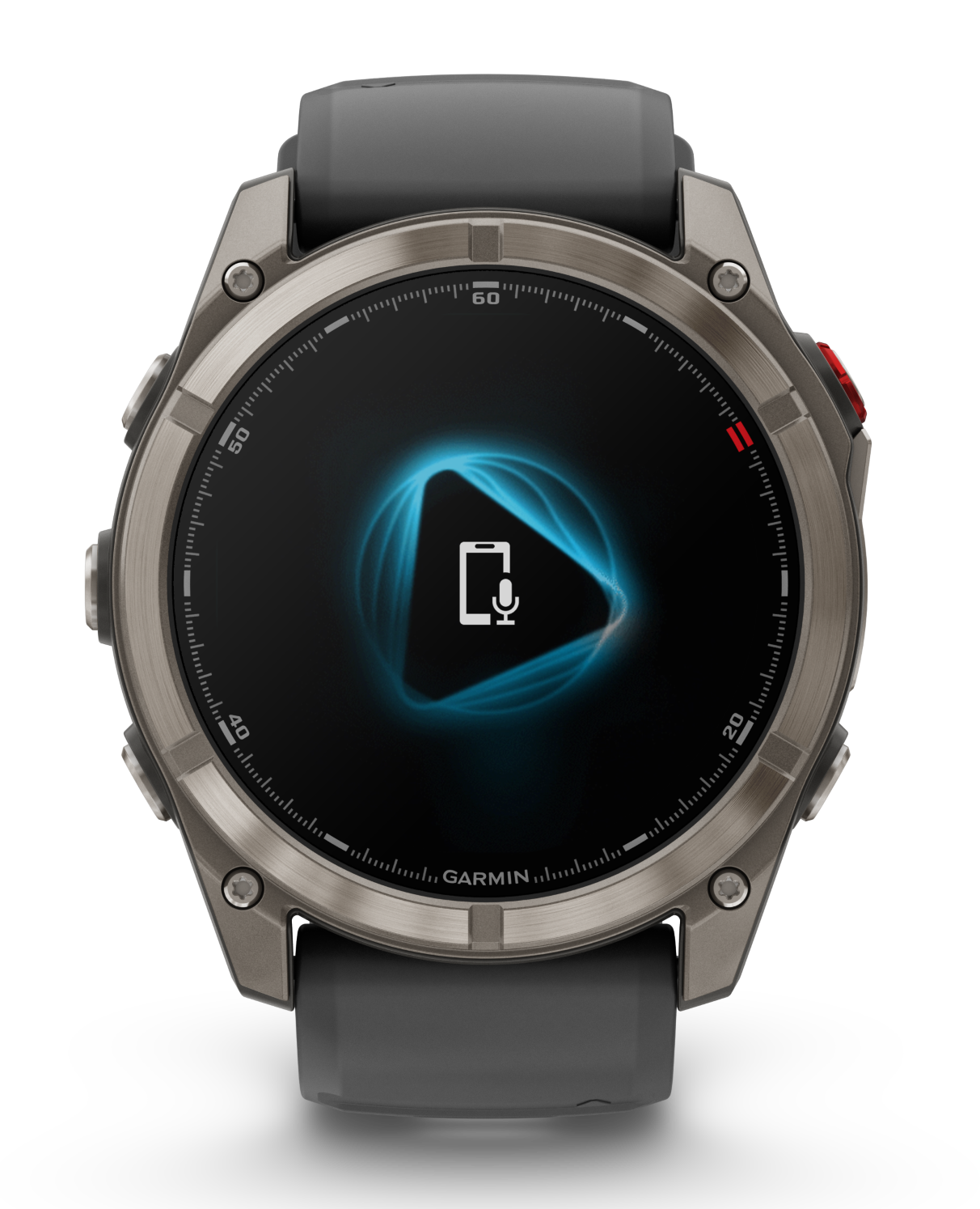 Smartwatch Garmin z czarnym ekranem wyświetlającym ikonę telefonu i mikrofon. Zegarek jest srebrny z szarym paskiem.