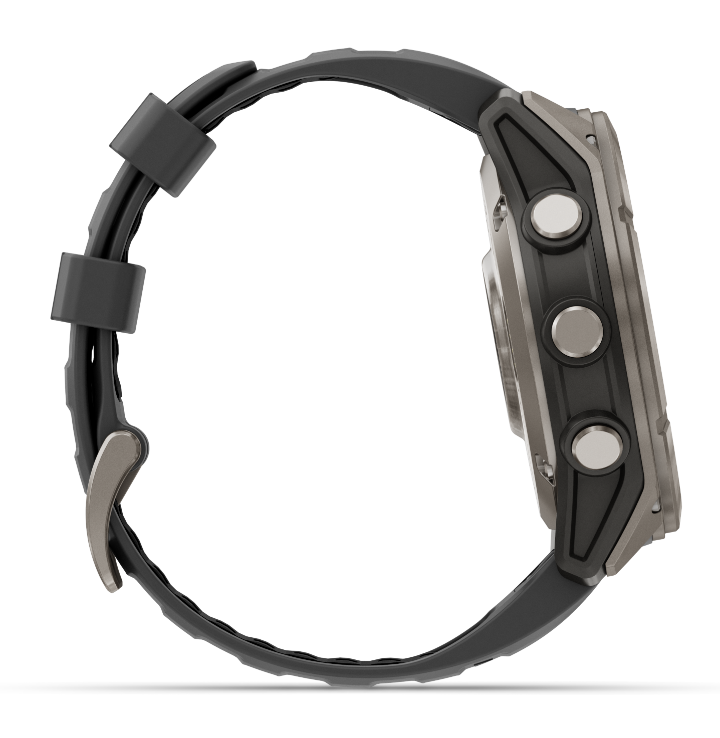 Widok z boku srebrno-czarnego smartwatcha. Posiada trzy przyciski z boku i czarny pasek ze srebrną klamrą.