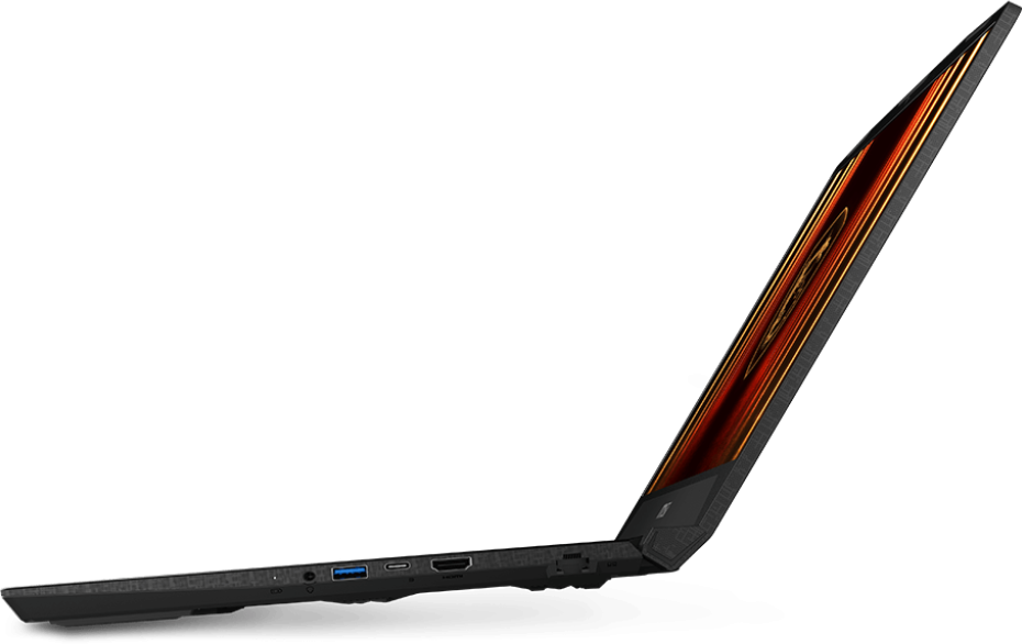 Egy laptop oldalsó nézete. A képernyő narancssárga és sárga színeket jelenít meg. A készülék fekete, látható portokkal.