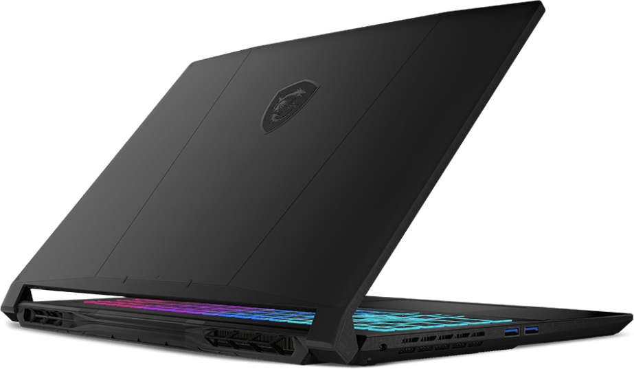 Fekete laptop, szögben nyitva, világító billentyűzettel. MSI logó a fedélen. Sötét háttér. USB portok.