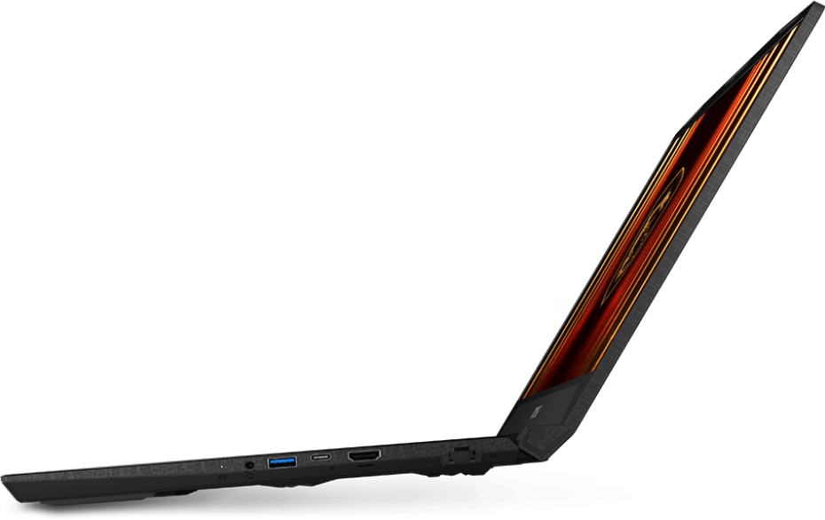 Egy fekete laptop oldalsó nézete, nyitott képernyővel. A képernyő tüzes narancs és sárga mintát jelenít meg. A laptop fekete felületen fekszik.