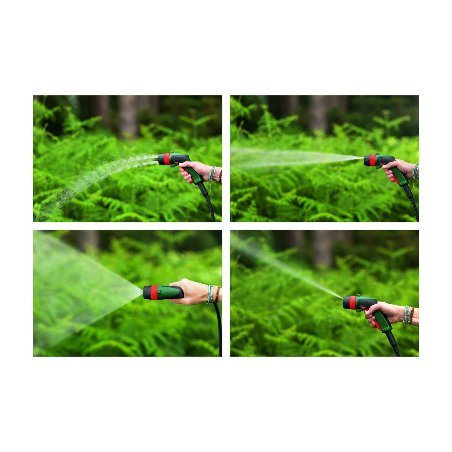 Quattro immagini mostrano una mano che tiene un ugello per tubo flessibile verde e rosso che spruzza acqua. Felci sullo sfondo. I getti d'acqua variano di forma.