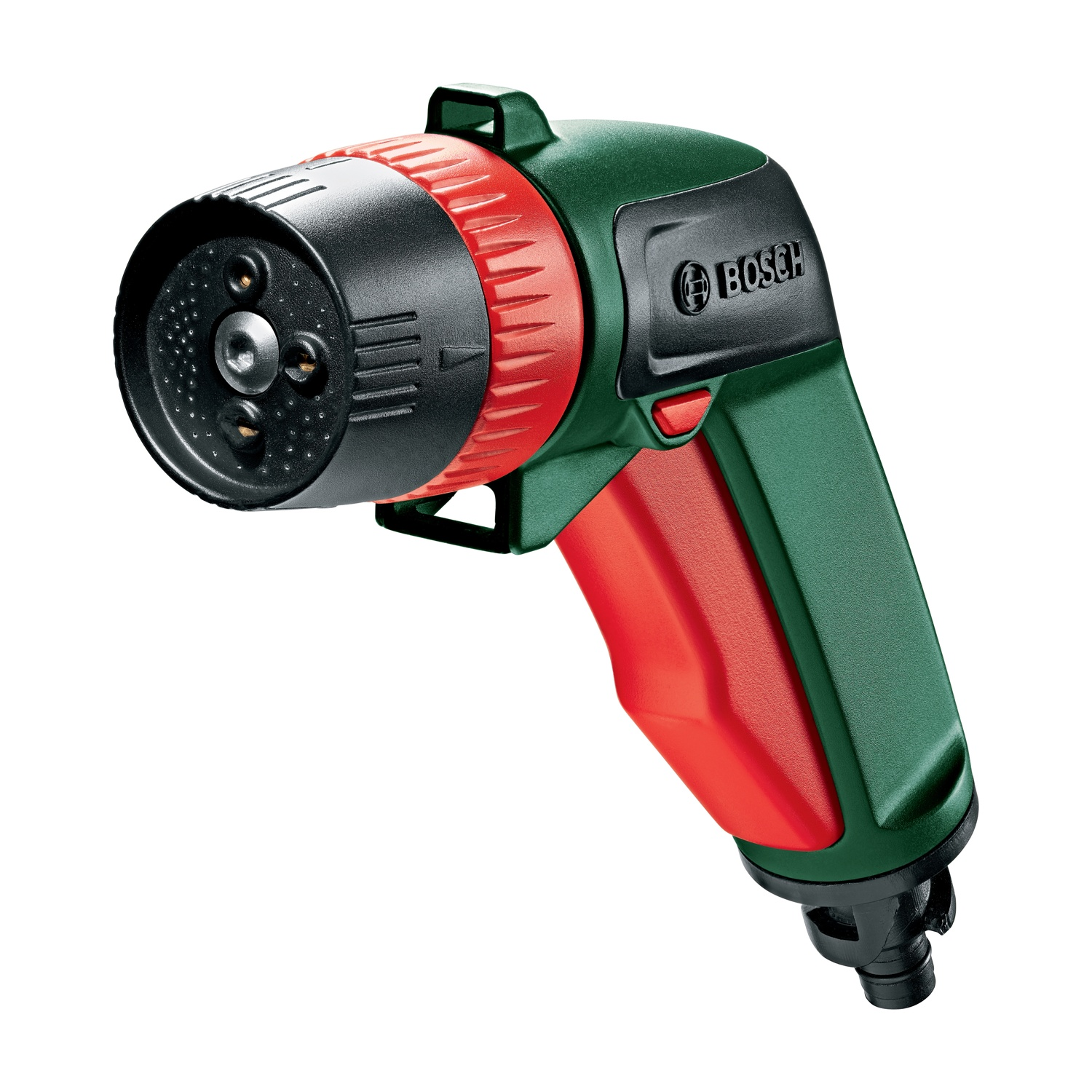 Un ugello per tubo da giardino Bosch. È verde, rosso e nero. L'ugello ha una testa nera e un'impugnatura rossa. Lo sfondo è bianco.