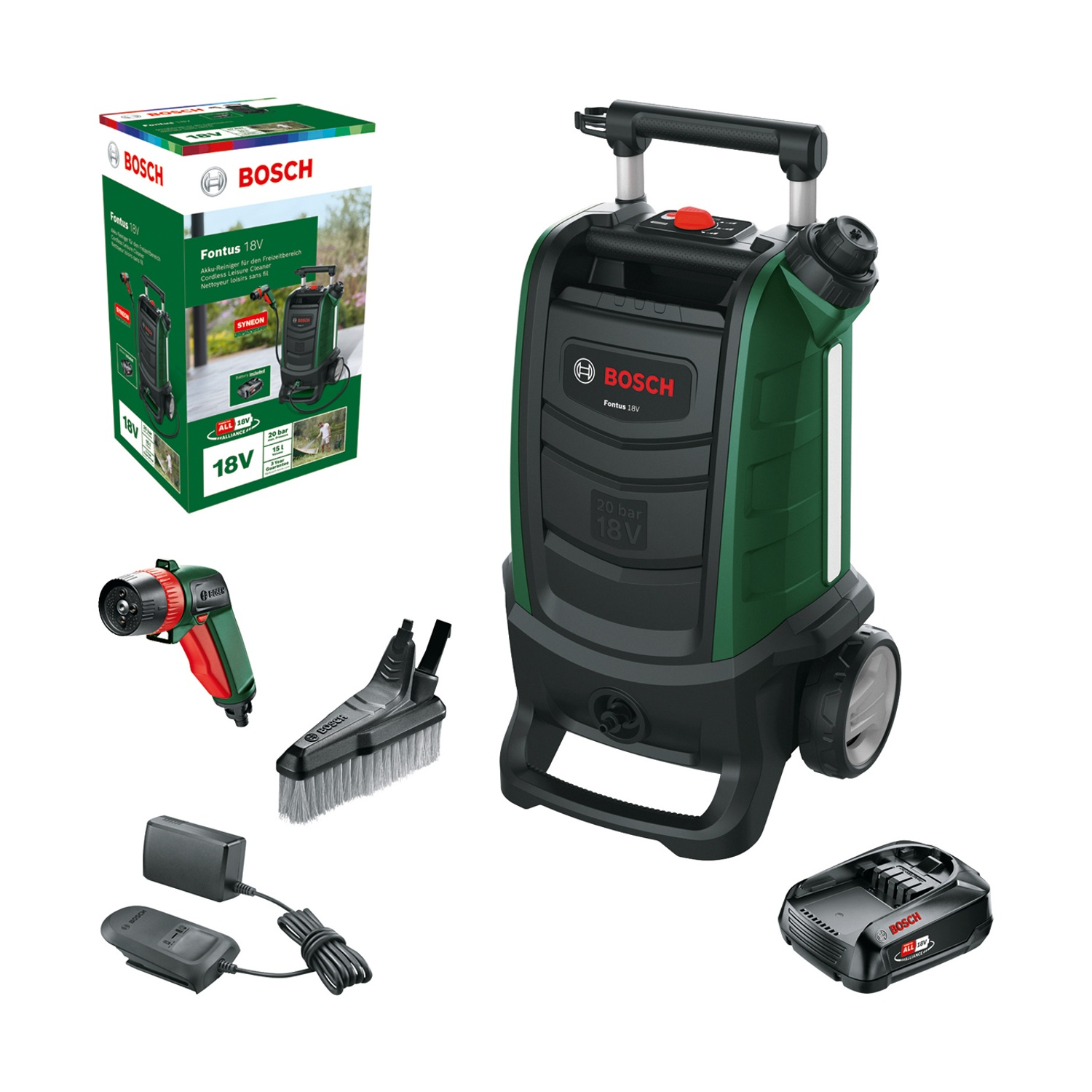Idropulitrice Bosch Fontus 18V e accessori, tra cui scatola, spruzzatore, spazzola, caricatore e batteria, tutto su sfondo bianco.