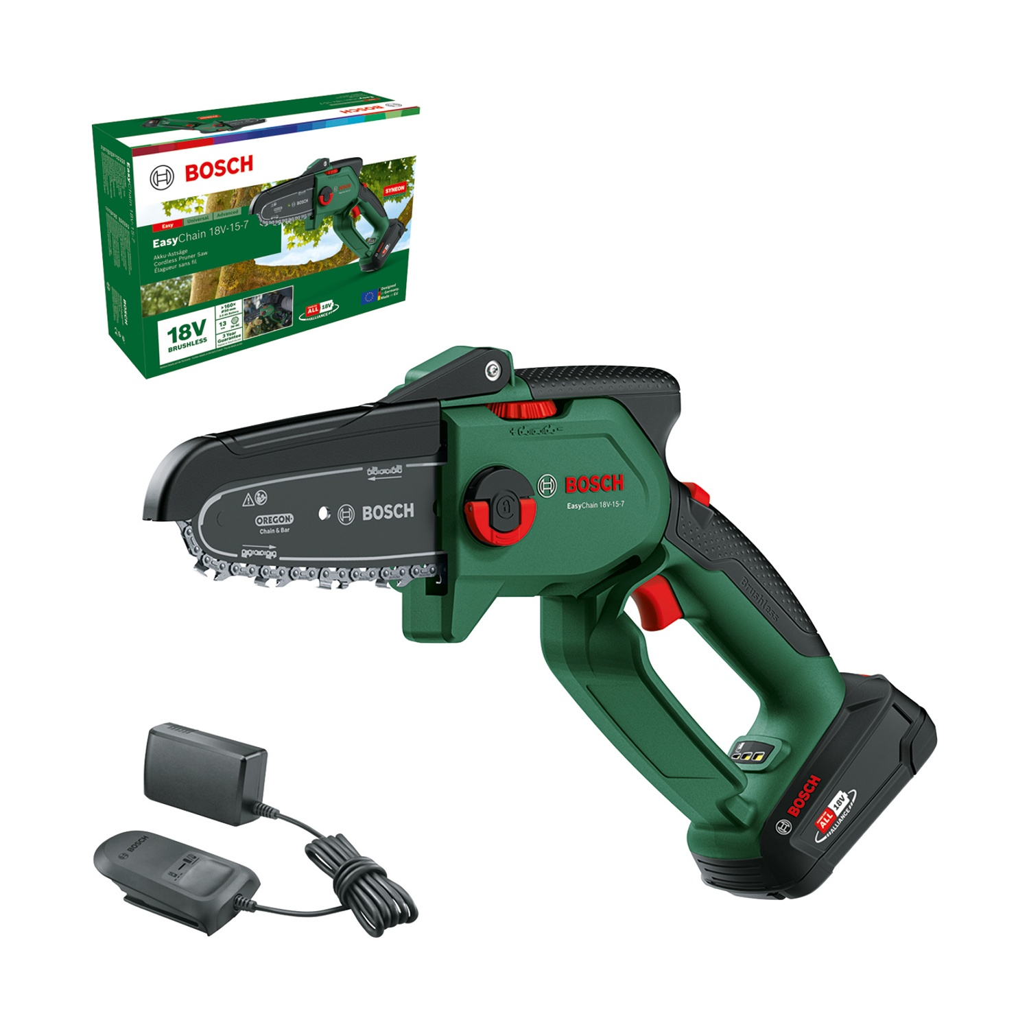 Una motosega Bosch EasyChain 18V-15-7 verde, con batteria, caricabatterie e scatola neri, tutto su sfondo bianco.