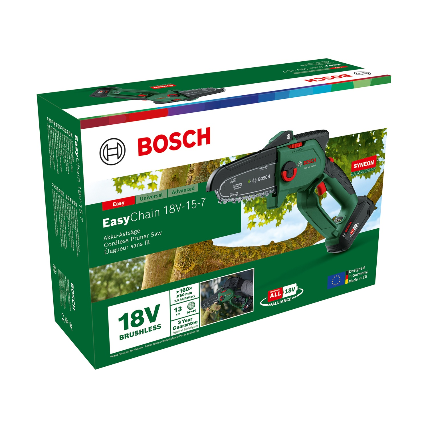 Una scatola di sega potatrice a batteria Bosch EasyChain 18V-15-7. La scatola è verde e mostra il prodotto e le sue caratteristiche.
