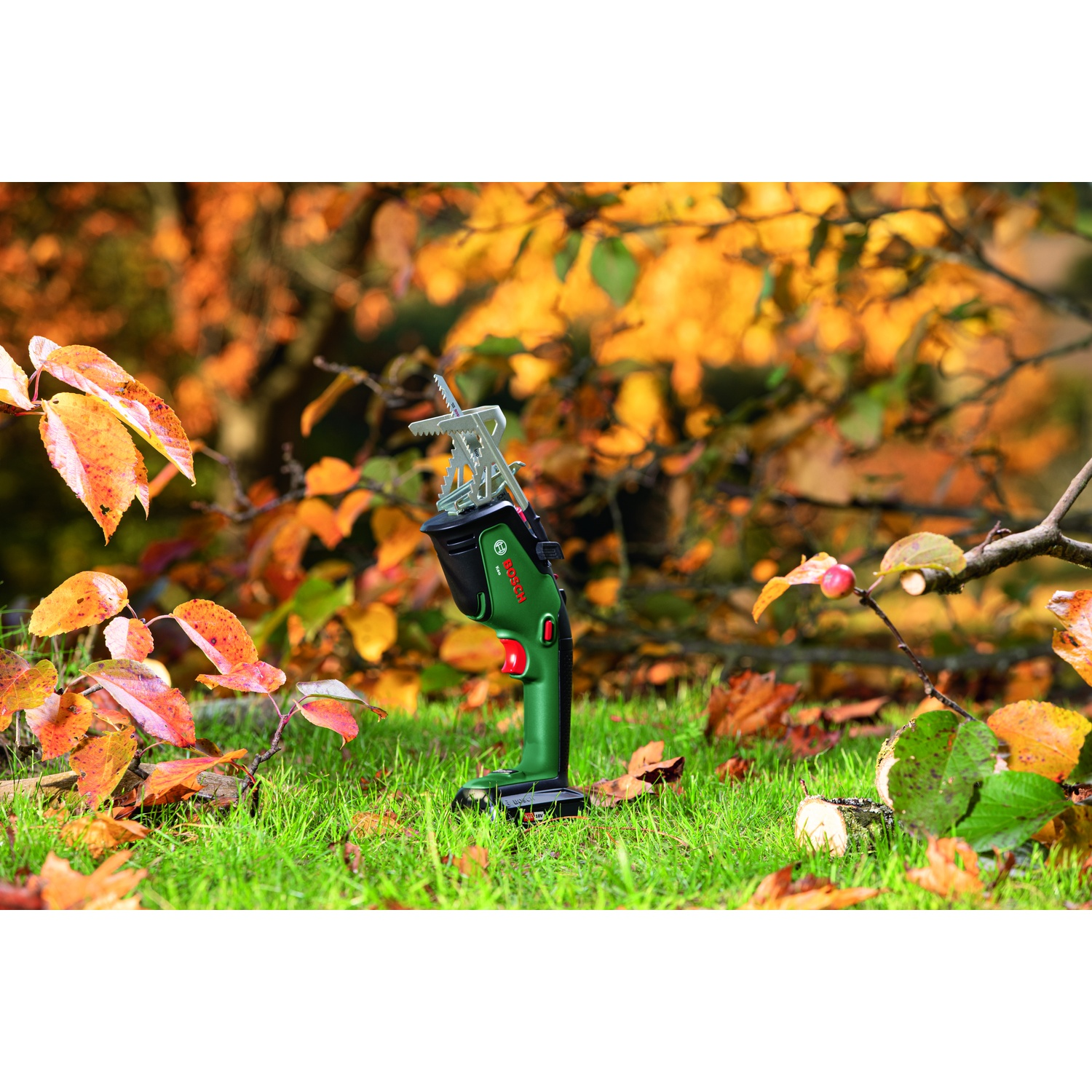 Una sega Bosch verde e nera poggia su erba verde con foglie cadute. Il fogliame autunnale fa da sfondo. Un tronco tagliato è visibile.