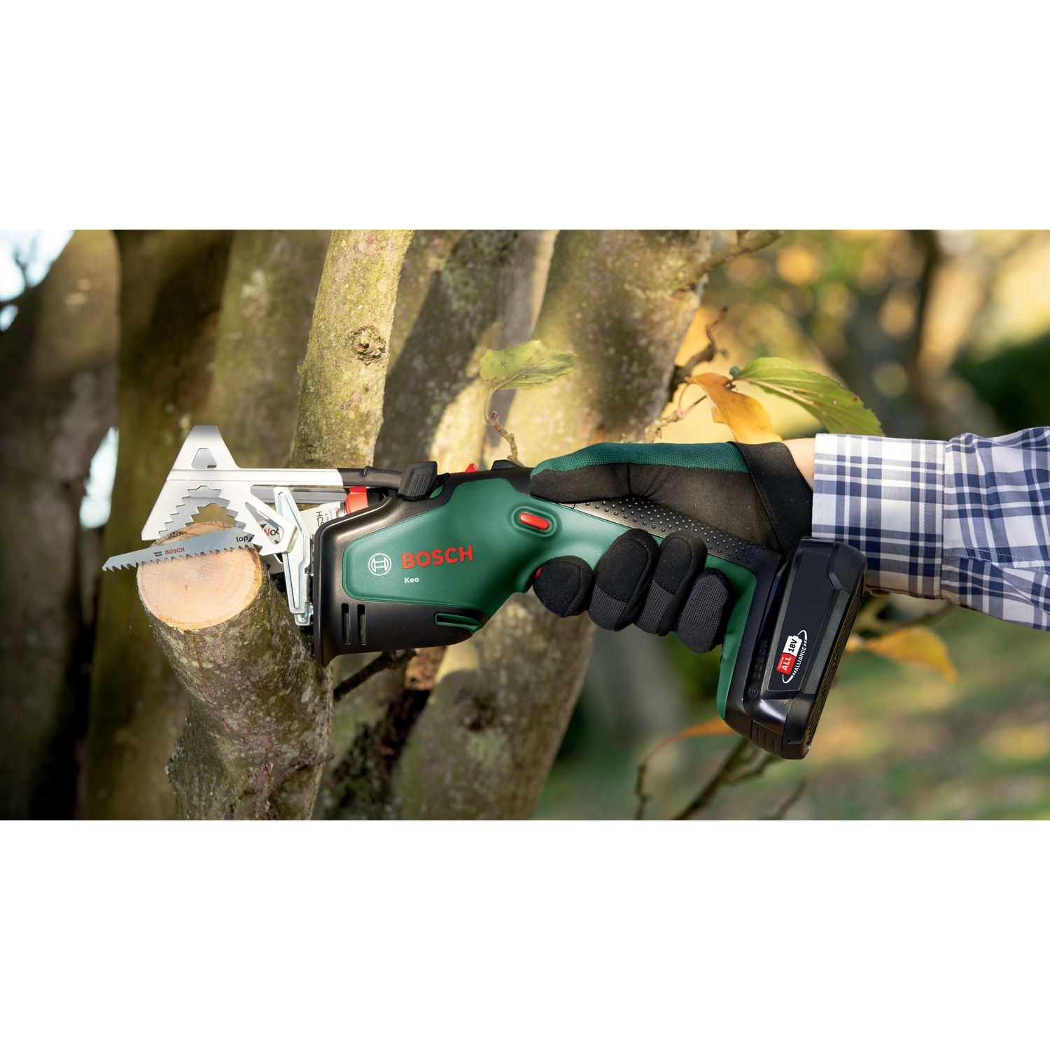 Una persona usa una sega Bosch Keo verde per tagliare un ramo d'albero. La sega è alimentata a batteria. La persona indossa una camicia a quadri e guanti.