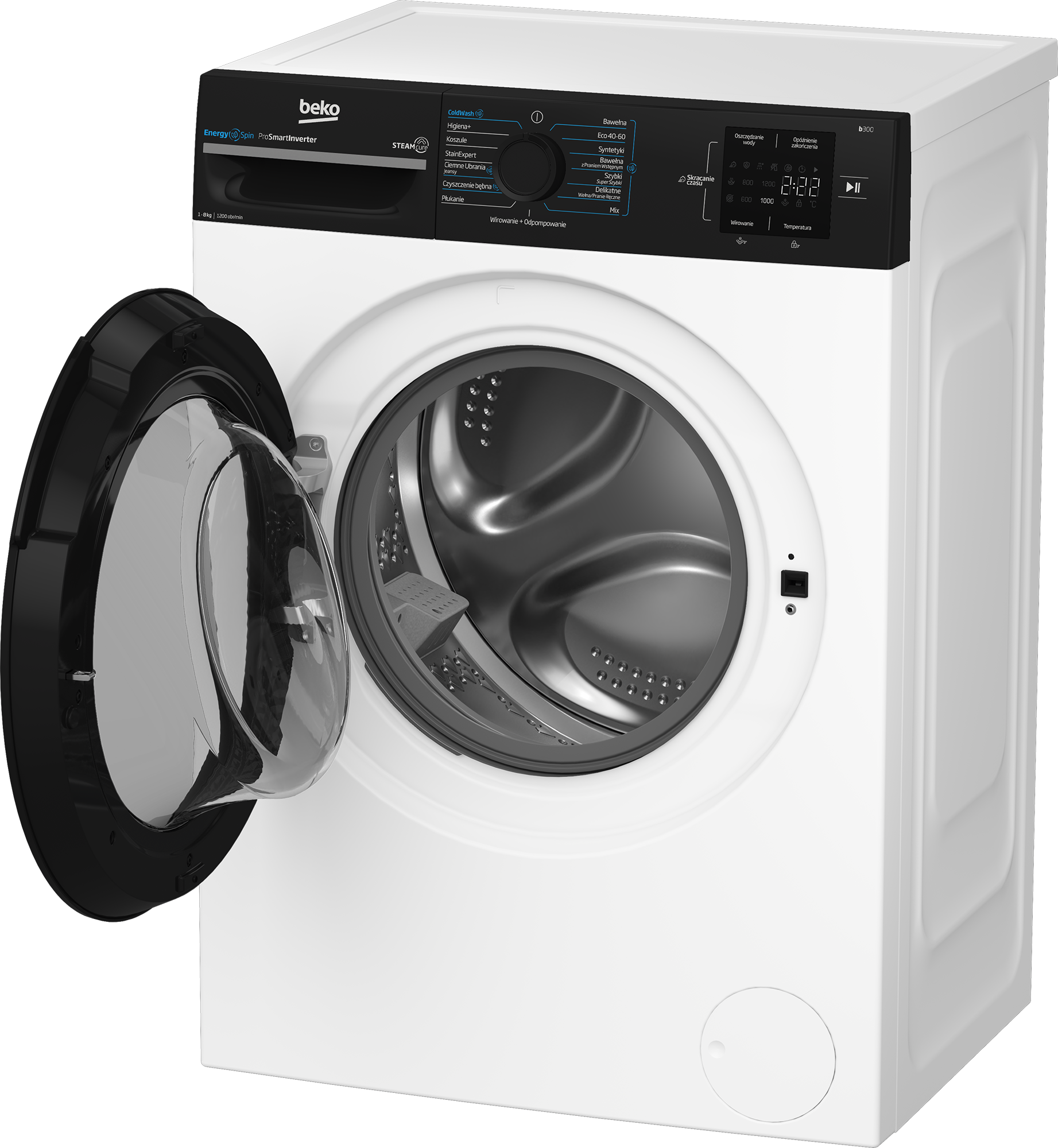 Biała pralka Beko z otwartymi drzwiami. Panel sterowania u góry wyświetla programy prania.