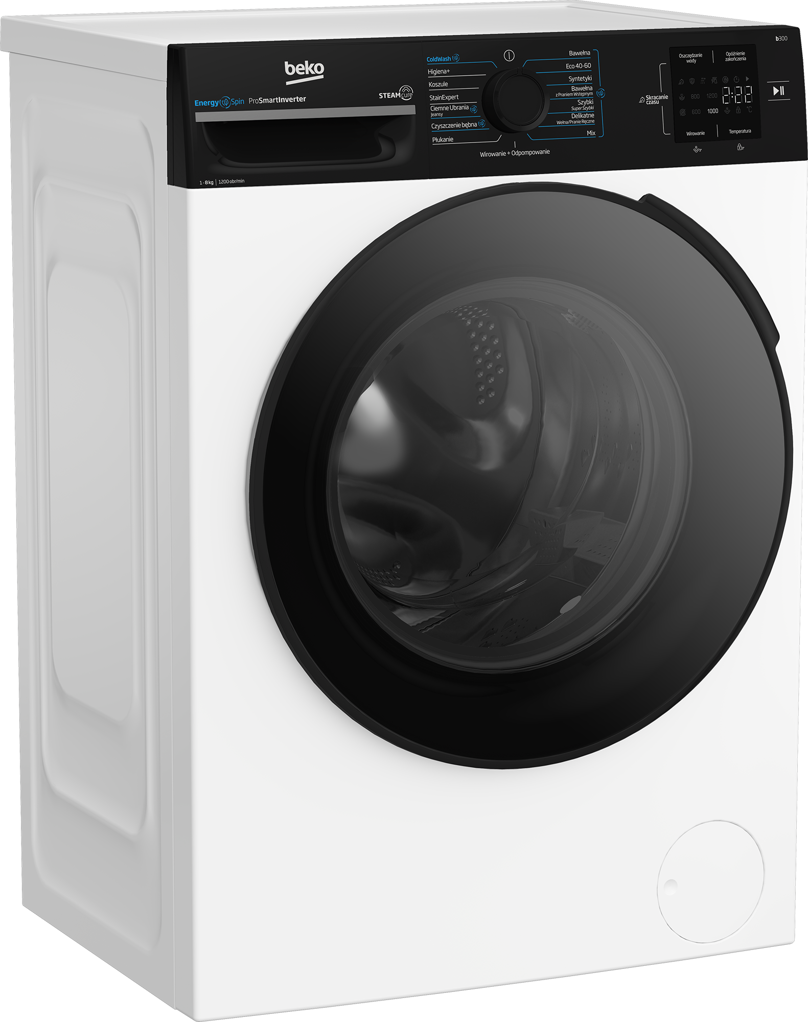 Biała pralka Beko z czarnymi drzwiami. Panel sterowania pokazuje opcje cyklu prania i wyświetlacz.