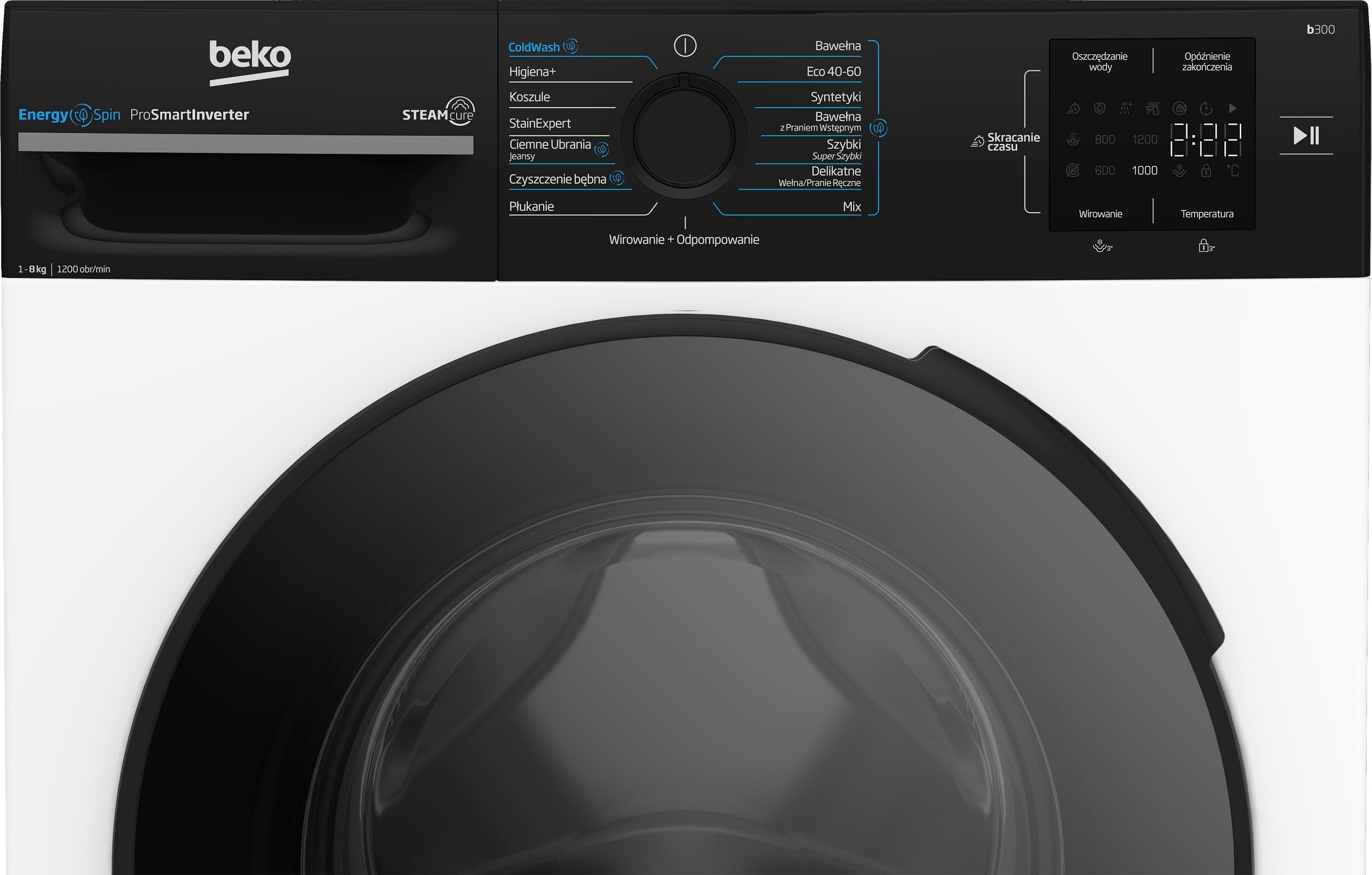 Czarna pralka z panelem sterowania, wyświetlaczem i szklanymi drzwiami. Marka to Beko.