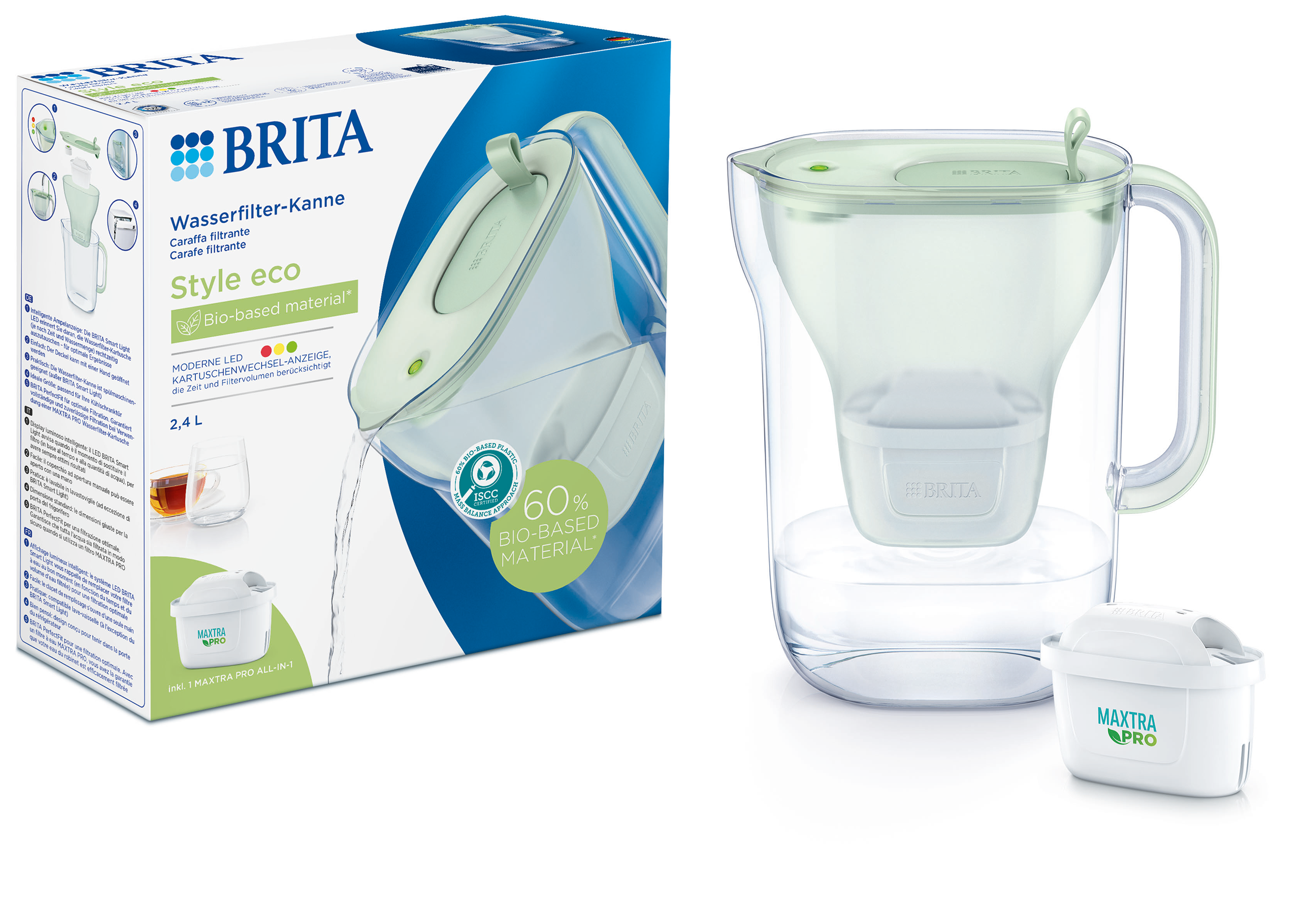 Egy Brita vízszűrő kancsó szűrőbetéttel a doboz mellett. A dobozon szöveg és ábrák láthatók.