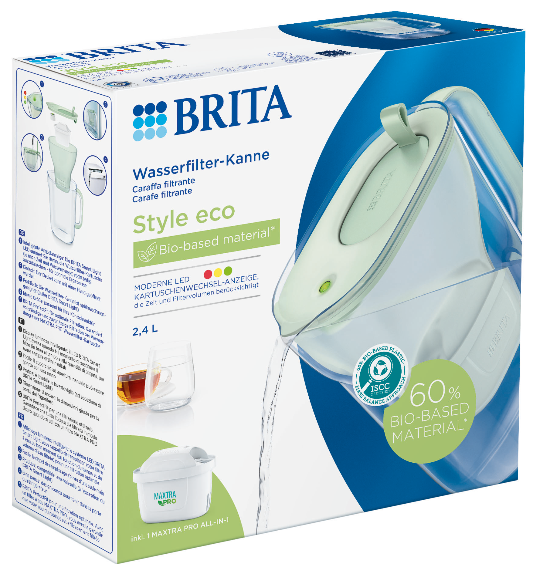 Egy Brita vízszűrő doboz, kancsóval és pohárral. A dobozon a szöveg: 'Style eco' és 'Bio-based material'.